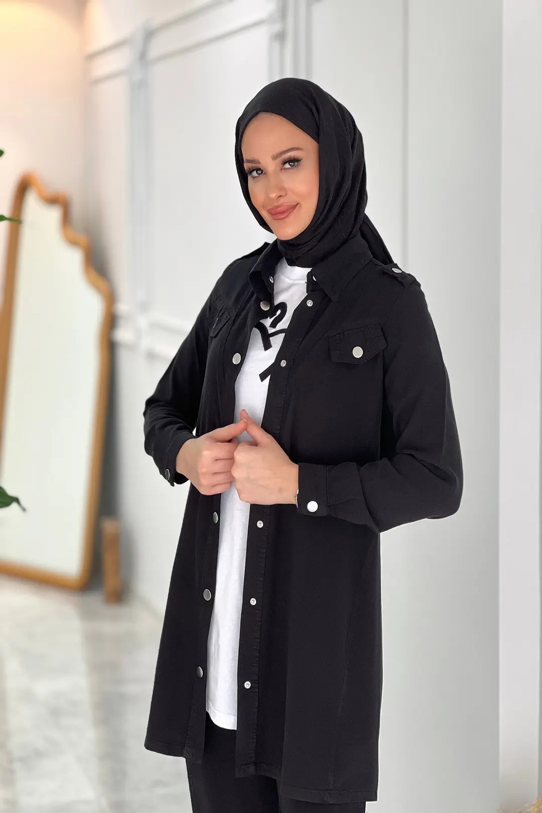 Toptan Ham Tensel Kumaş Cep Detaylı Çıtçıtlı Battal Beden Üçlü Takım - SİYAH