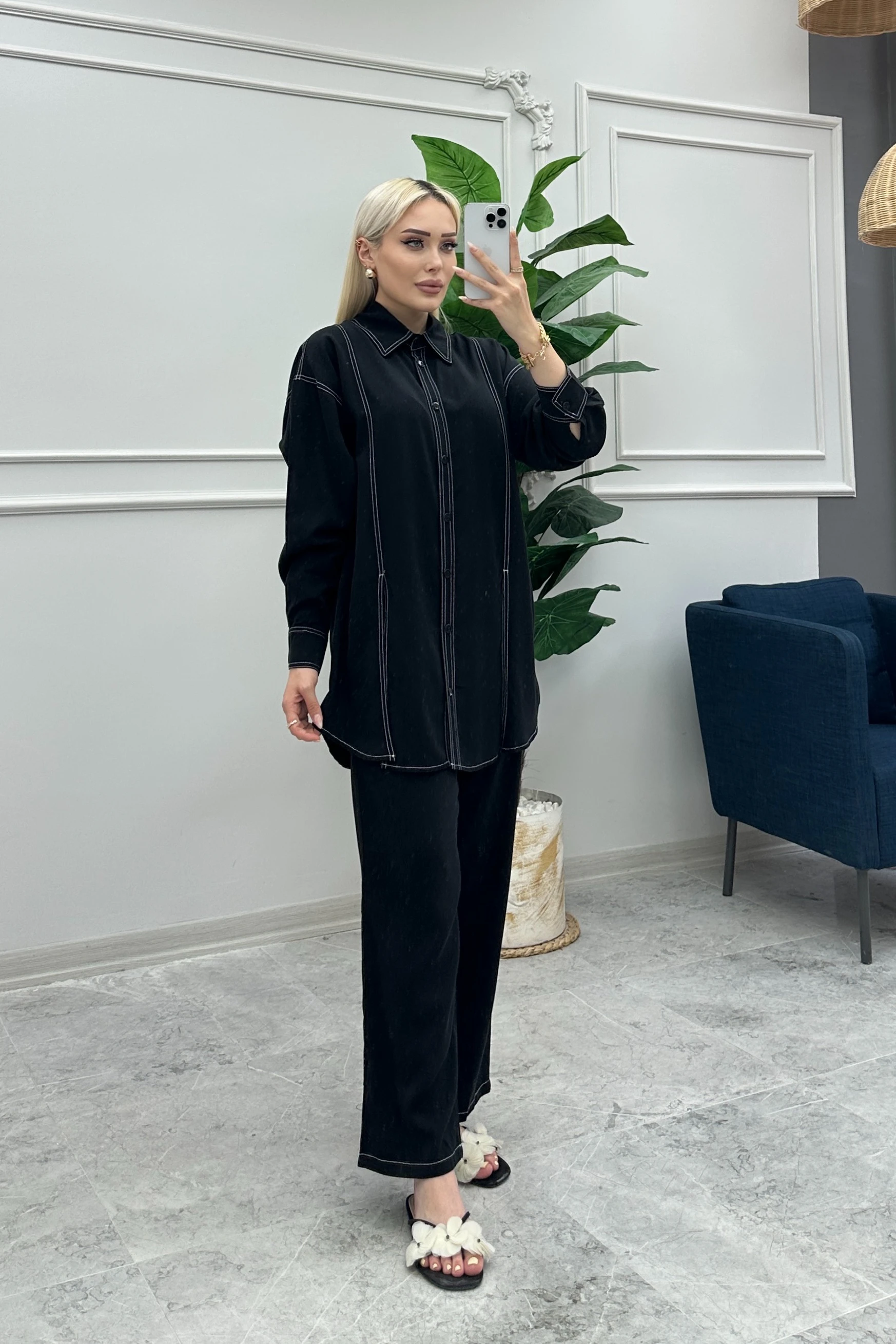 Wholesale Tencel Fabric Slit Detailed Two Piece Suit - 10670 Product Information