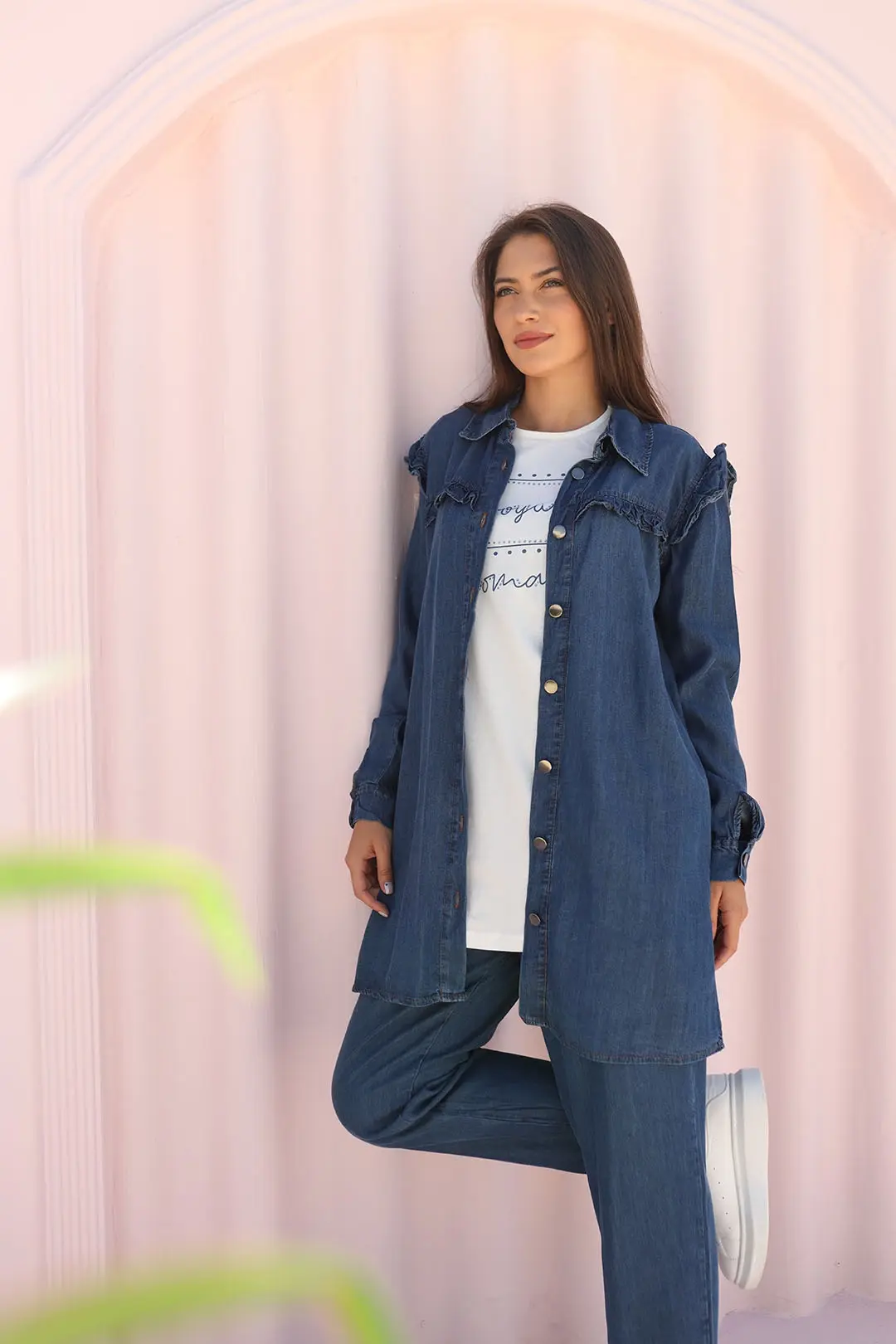 Toptan Kot Kumaş Fırfır Detaylı Üçlü Takım - KOYU KOT