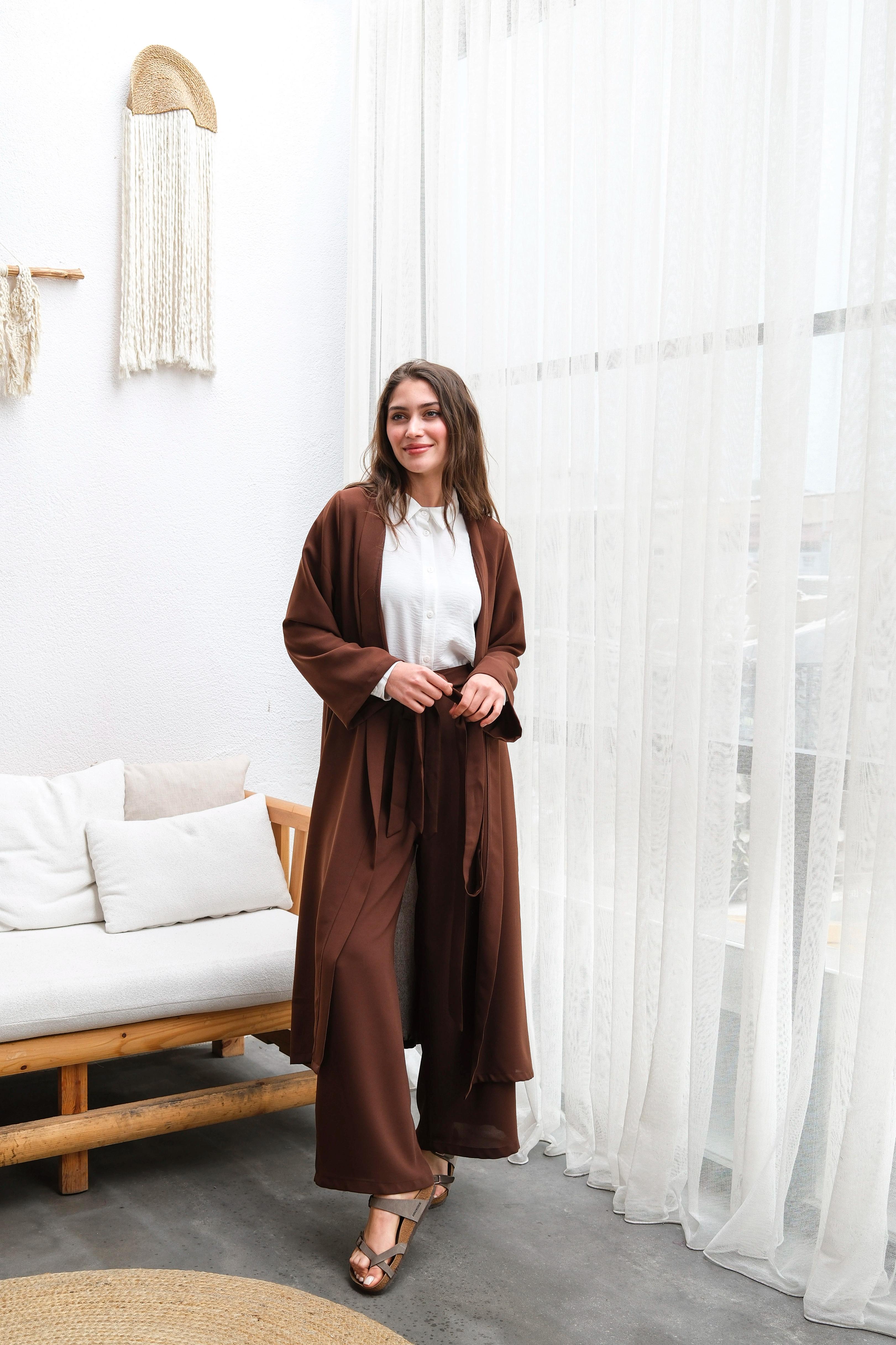 Wholesale Thin Crepe Fabric Belted Double Size Double Suit - b10634 Product Information - Brown