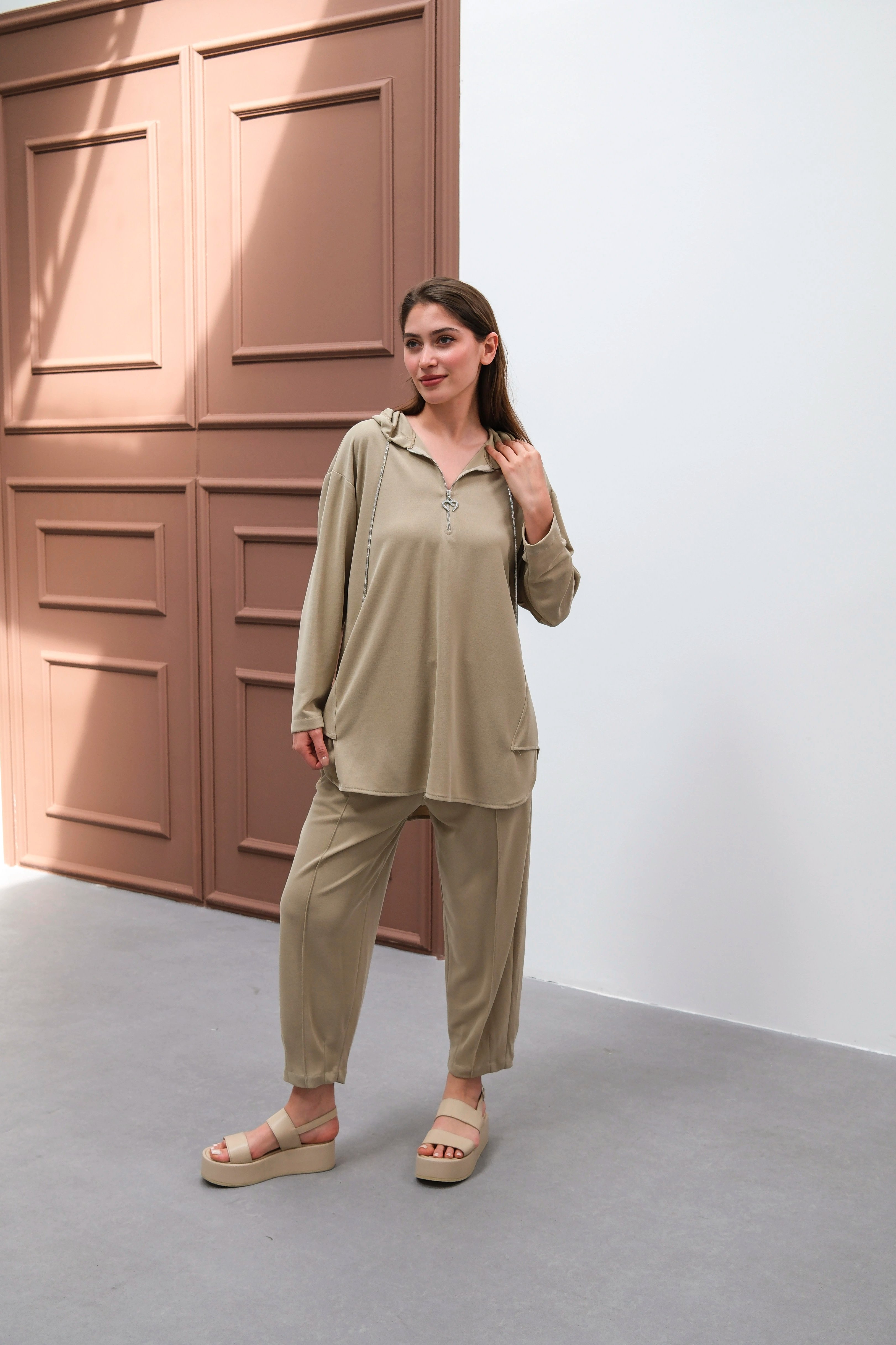 Wholesale Ecem Fabric Half Zipper Hooded Two Piece Suit - 10663 Product Information - Mink