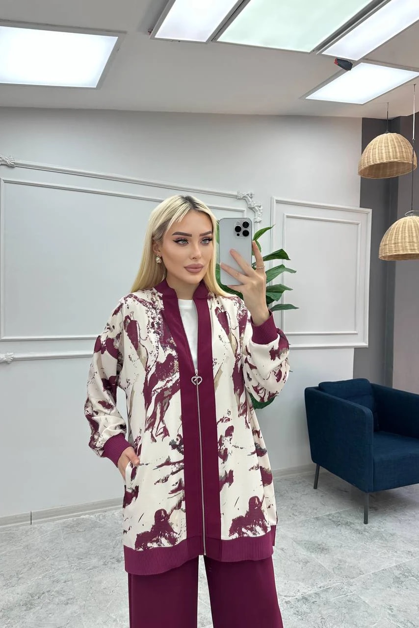 Toptan Linda Kumaş Desenli Ve Boydan Fermuarlı Üçlü Takım - BORDO
