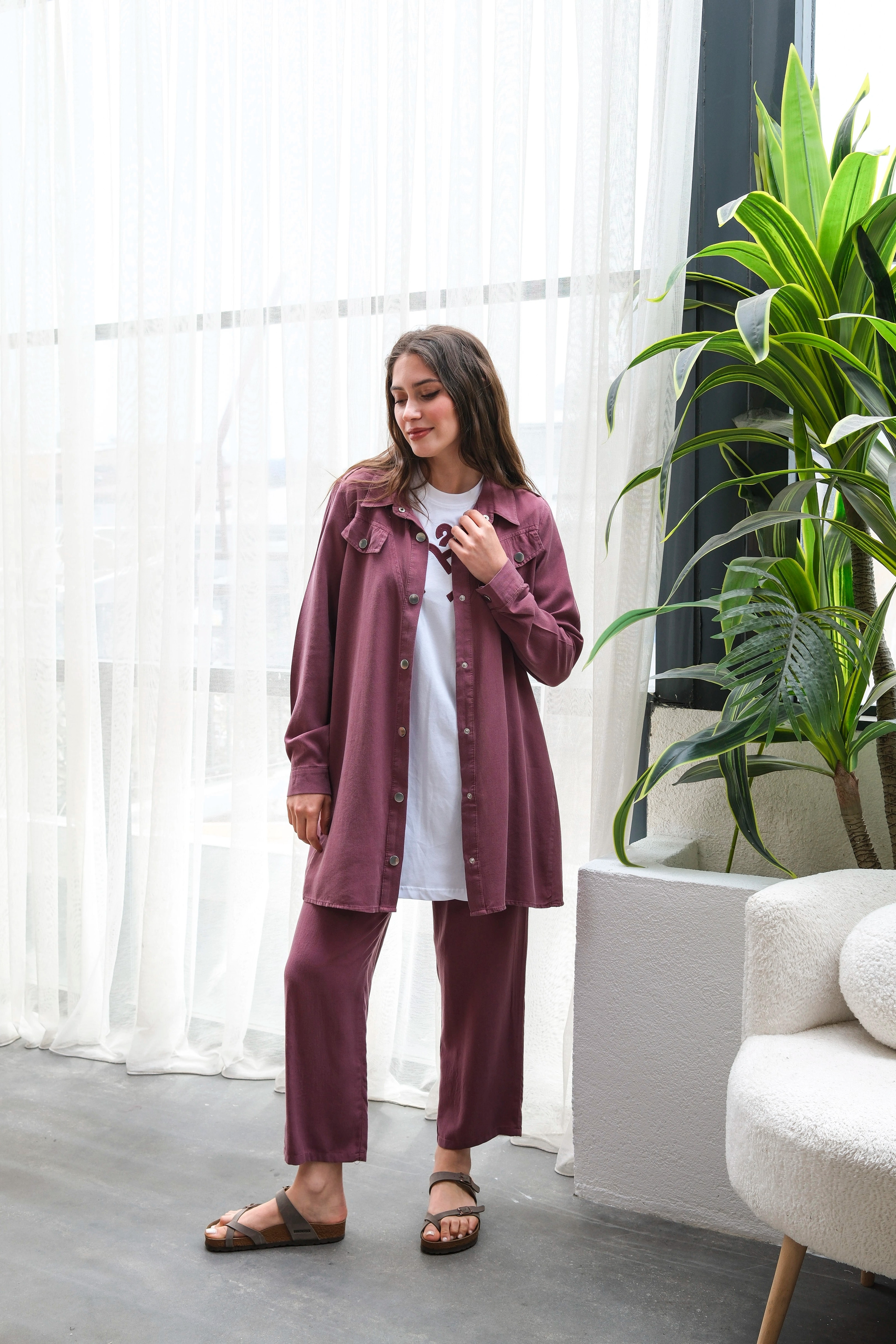 Wholesale Raw Tencel Fabric Pocket Detailed Snap Three-Piece Suit - Burgundy