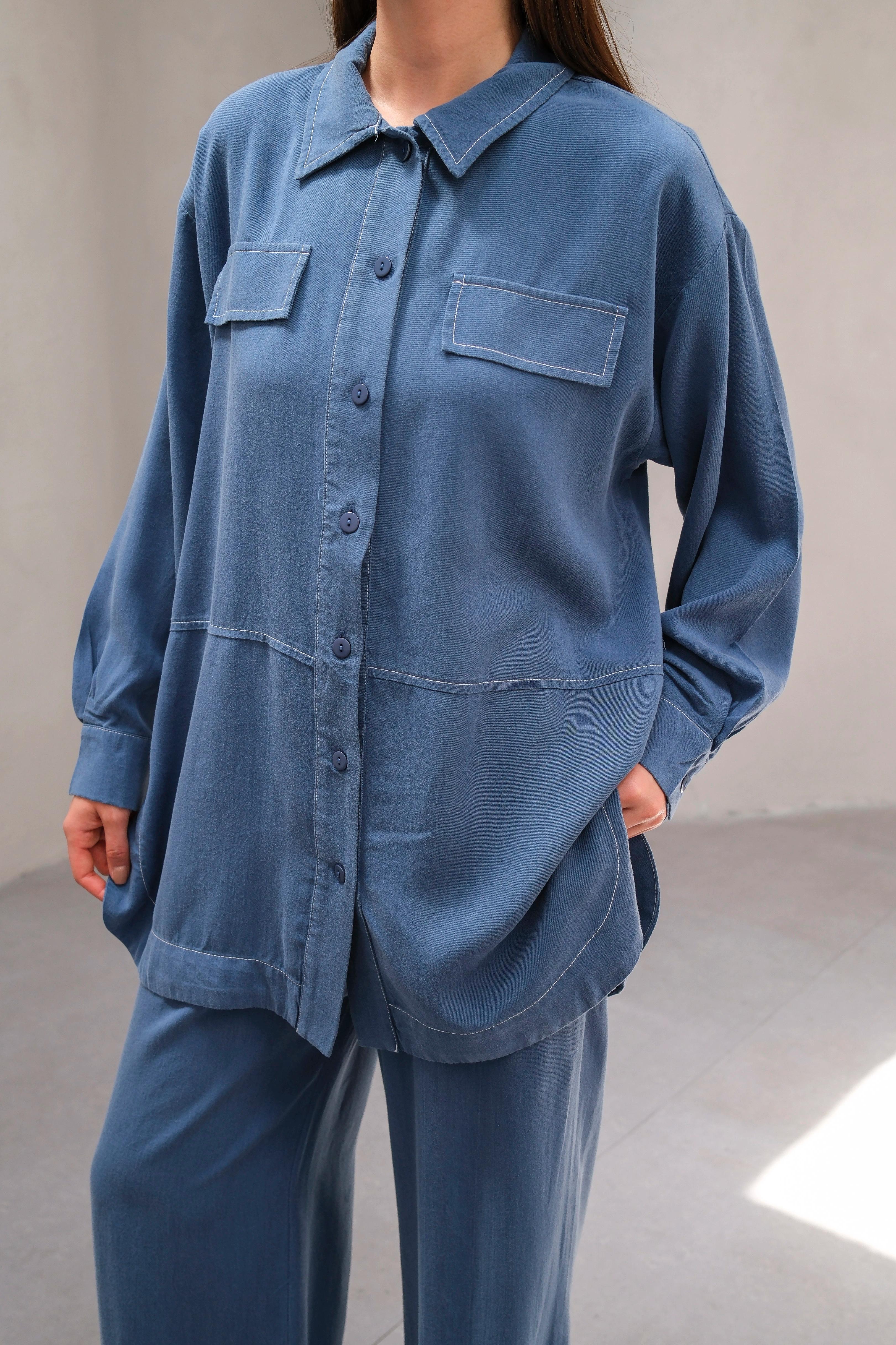 Wholesale Tencel Fabric Buttoned Flap Pocket Two Piece Suit - 10644 Product Information - Indigo