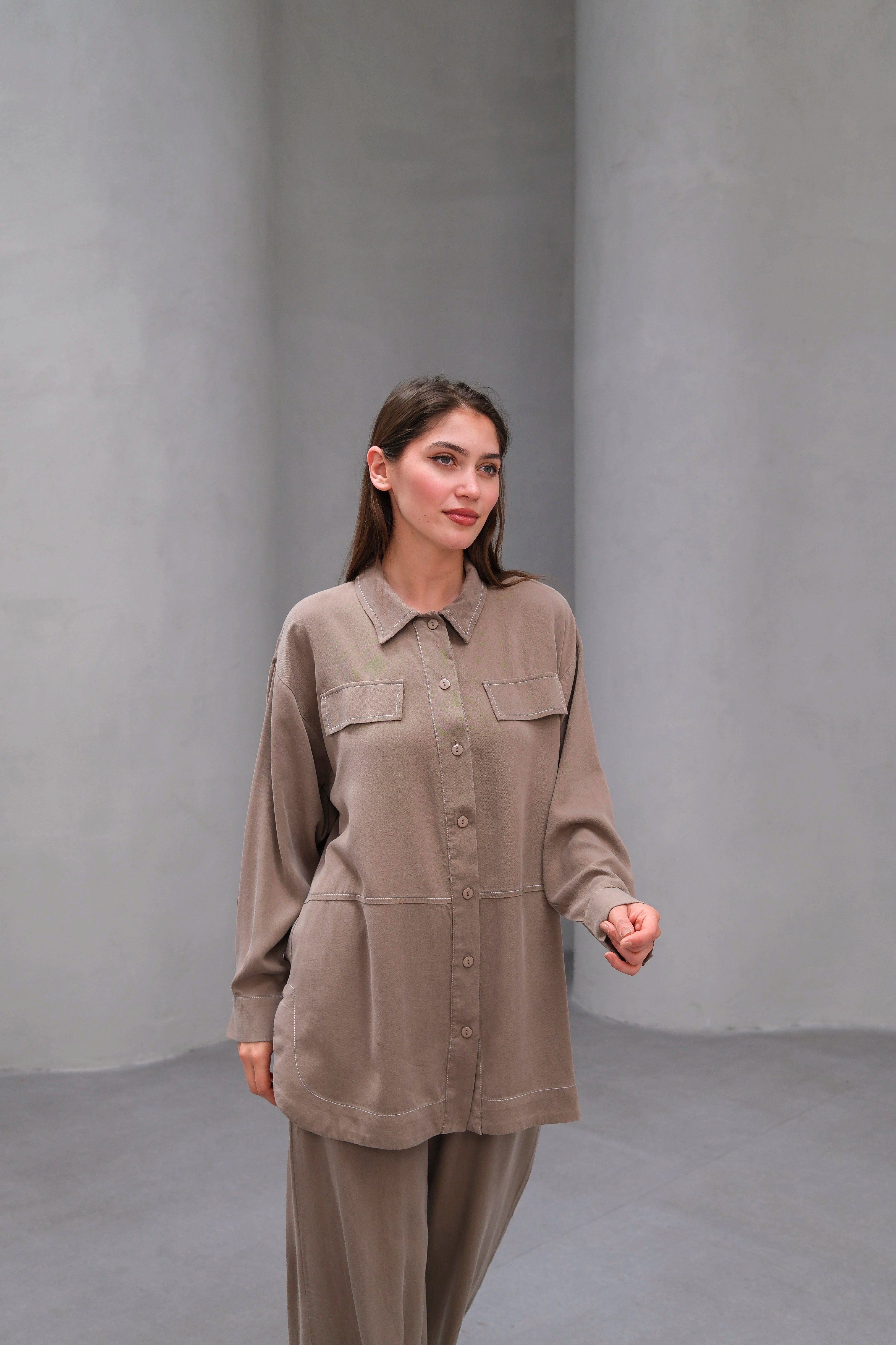 Wholesale Tencel Fabric Buttoned Flap Pocket Two Piece Suit - 10644 Product Information - Mink