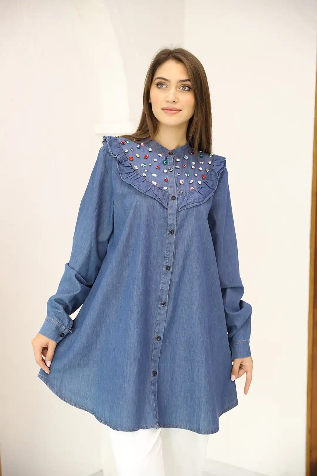 Renkli Taş İşlemeli Kot Kumaş Düğmeli Tunik 9831