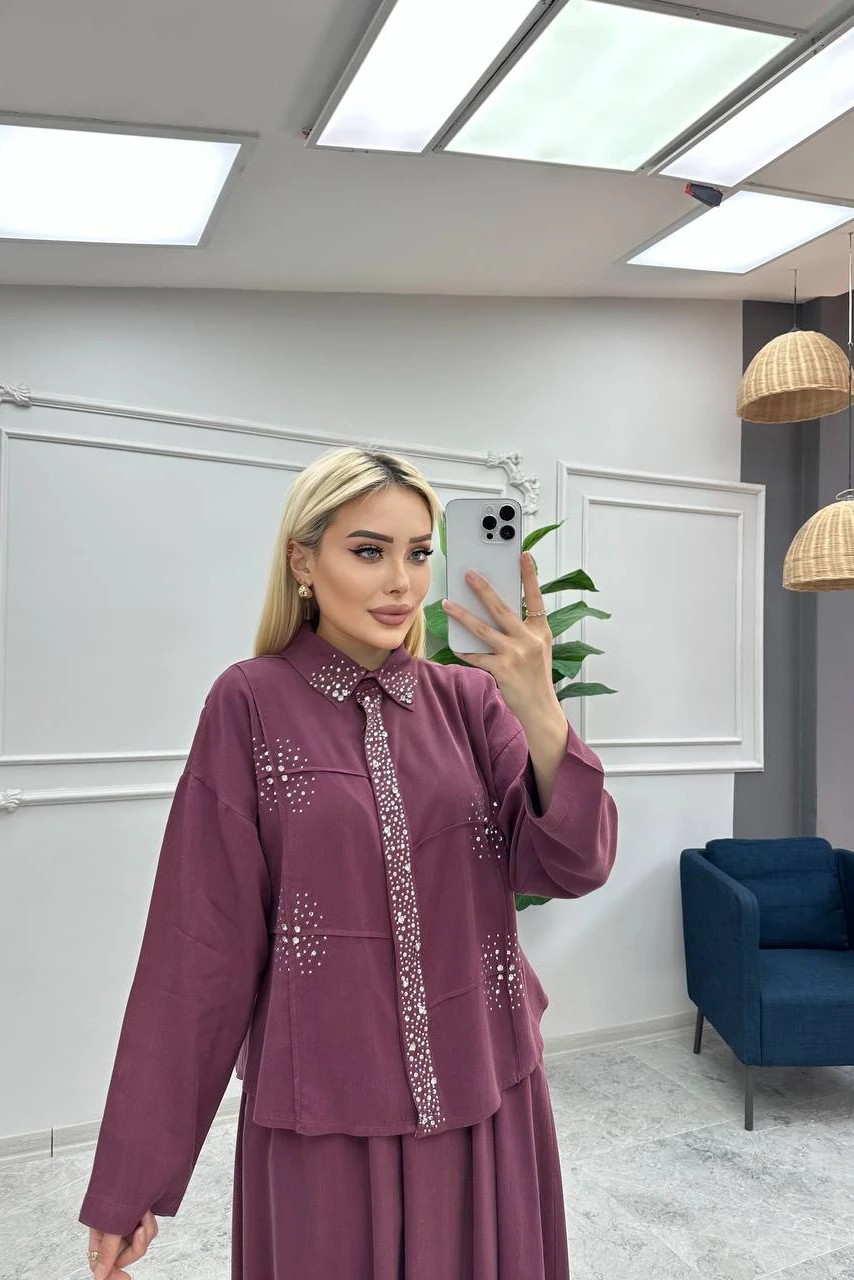 Toptan Tensel Kumaş Taş Süslemeli İkili Etek Takım - GÜL KURUSU