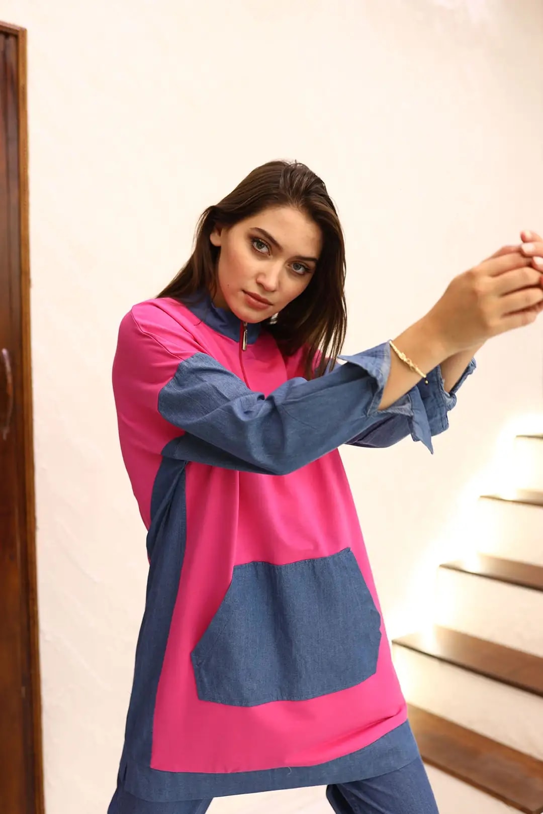 Wholesale Denim Two-Thread Fabric Stone Detailed Two-Piece Suit - Fuchsia