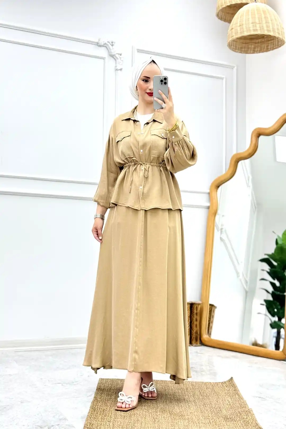 Wholesale Imported Cupro Fabric Gathered Waist Snap-Button Detail Skirt Set - Milk Coffee