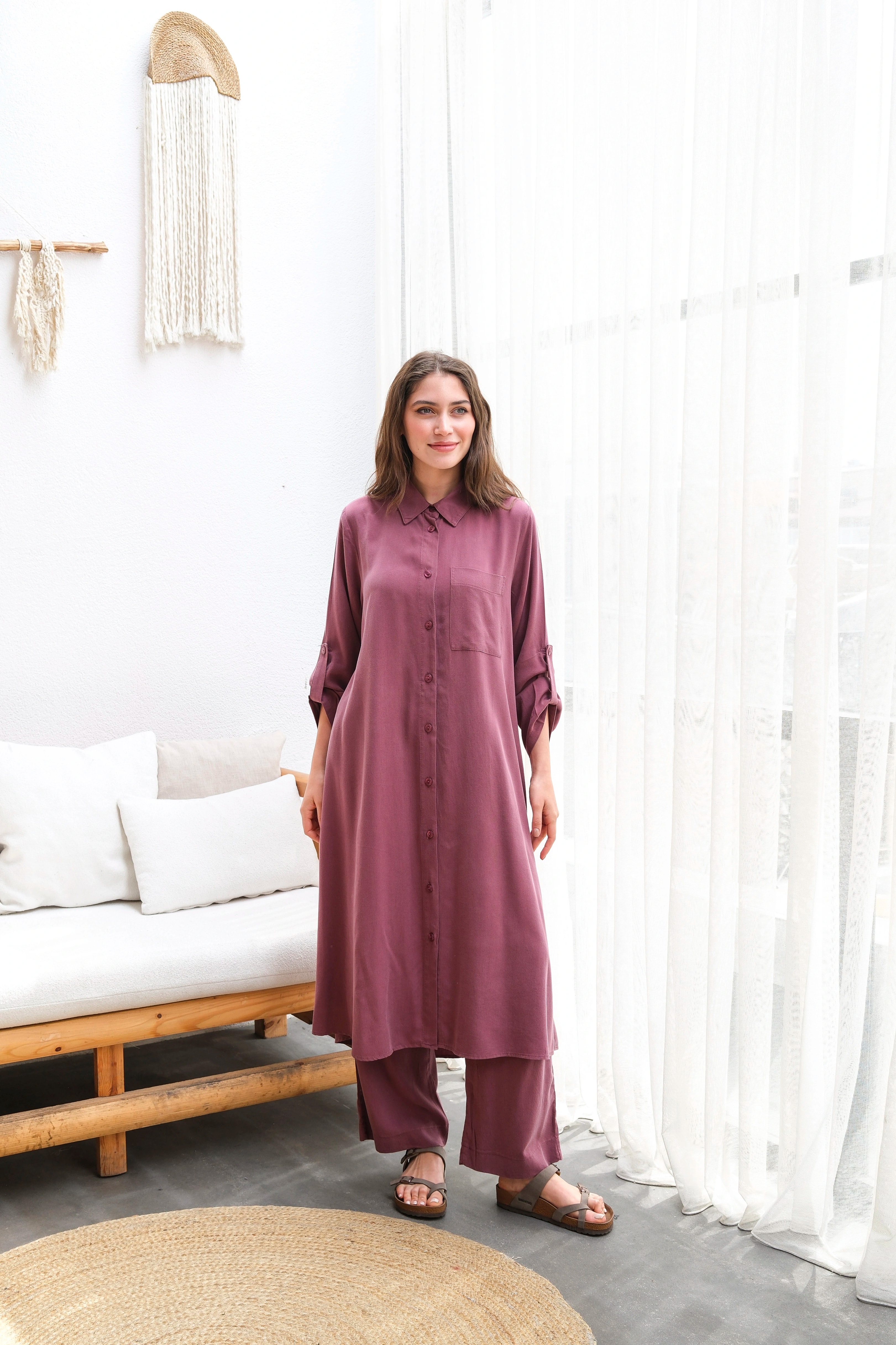 Toptan Tensel Kumaş Tuniği Uzun Düğmeli Battal Beden İkili Takım - BORDO