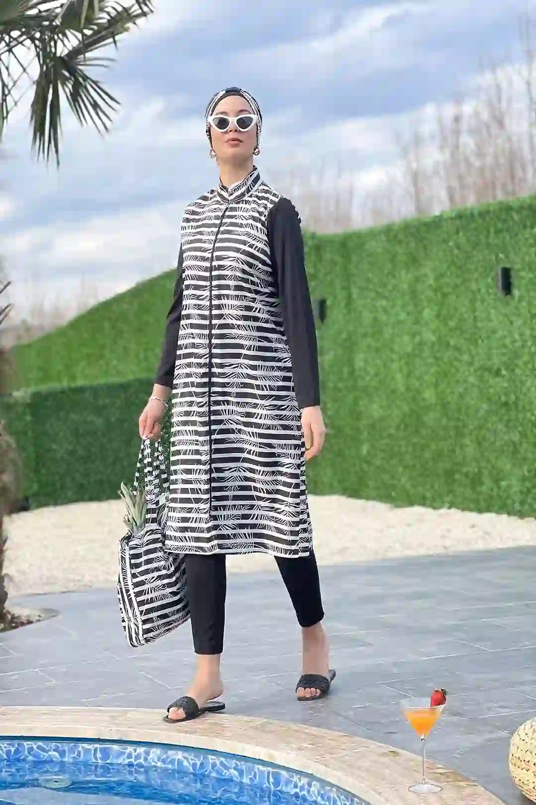 Toptan Polyester Dokuma Palmiye Desenli Boydan Fermuarlı Dörtlü Tesettür Mayo - SİYAH