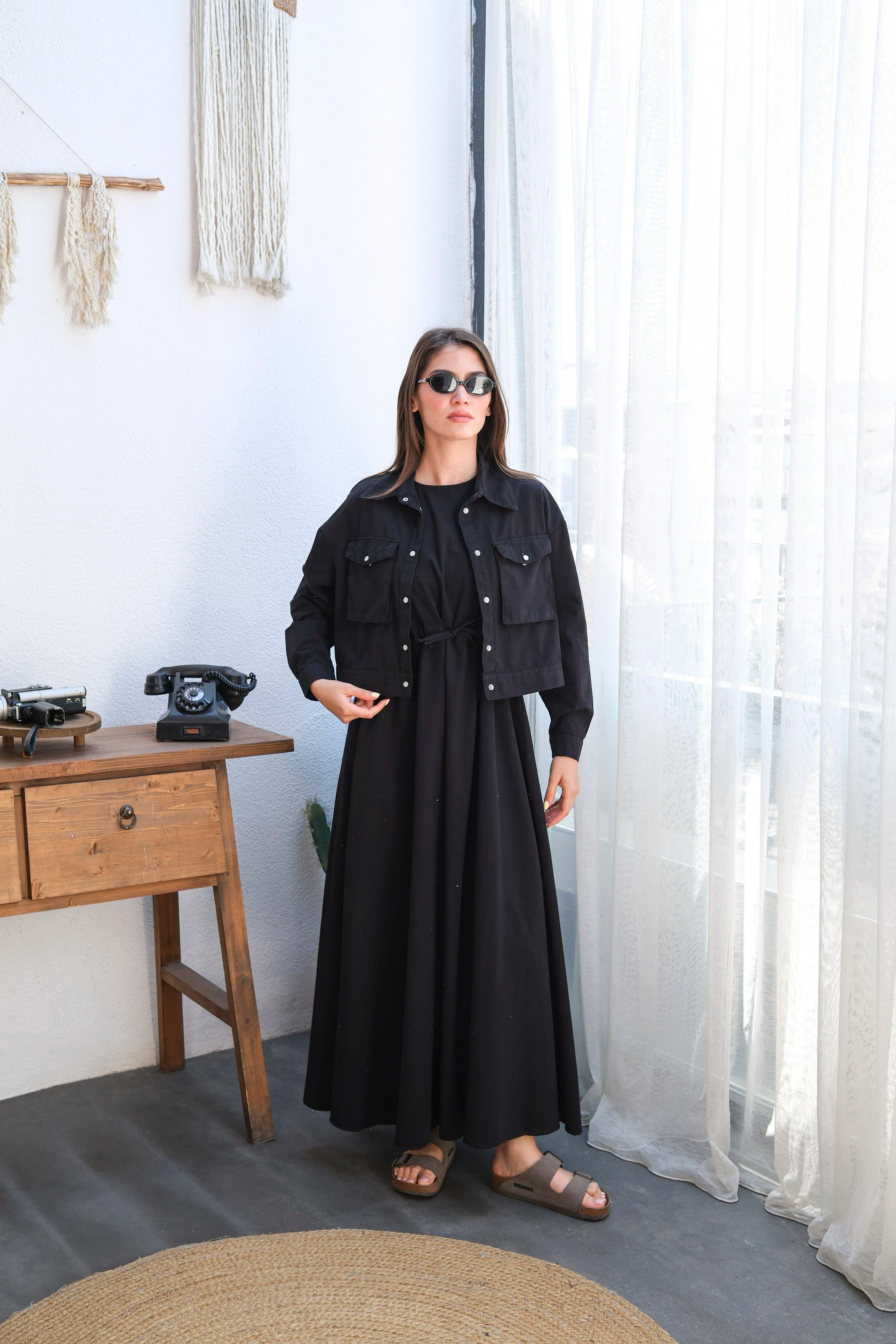 İnce Kot Kumaşlı Çıtçıtlı Ceketli İkili Elbise  3756