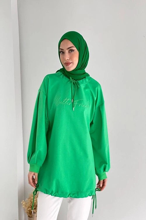 Wholesale Two-Thread Fabric Drawstring Neck Low Sleeve Tunic - B. Green