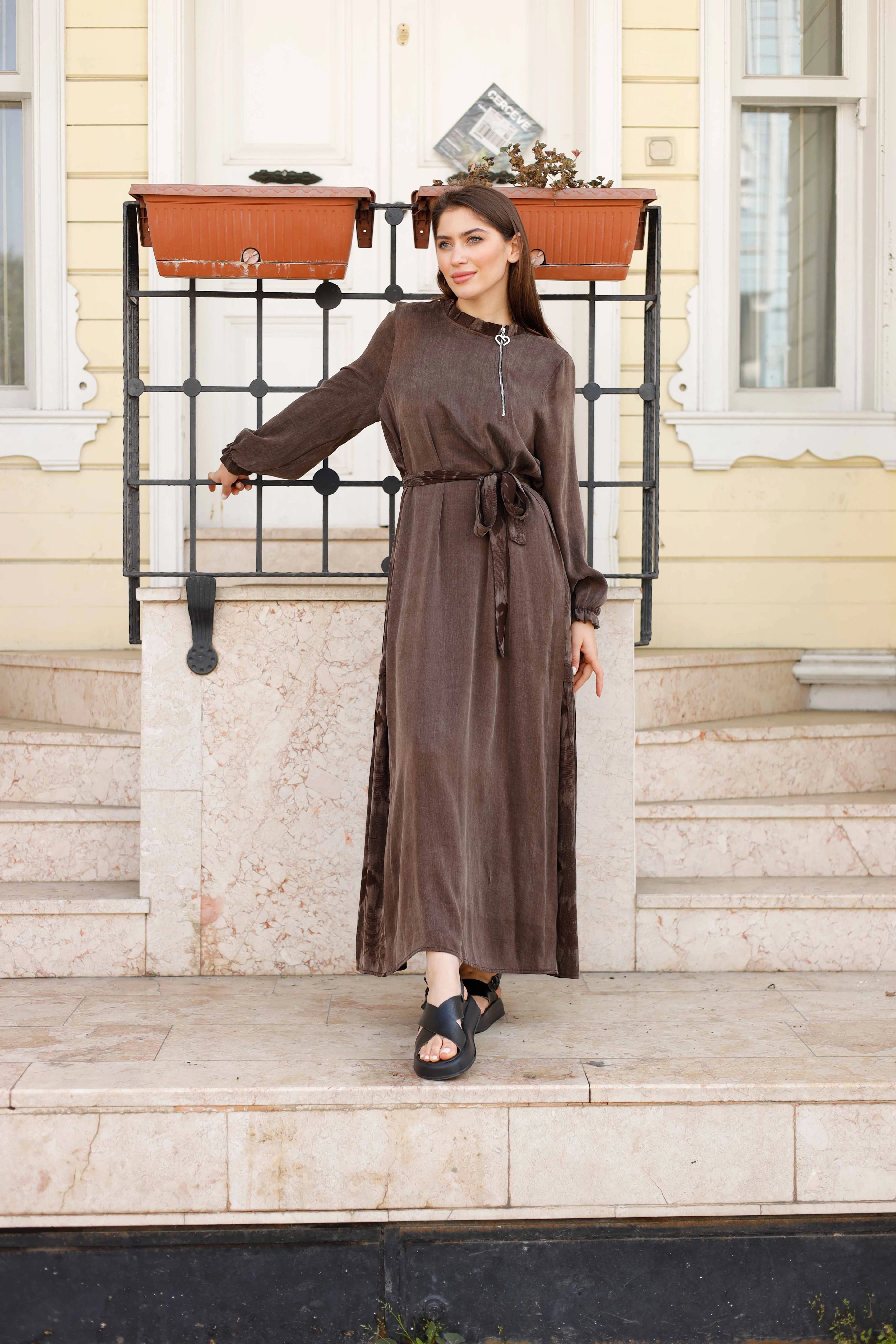 Wholesale Cupra Fabric Leaf Patterned Dress - 3716 - Brown