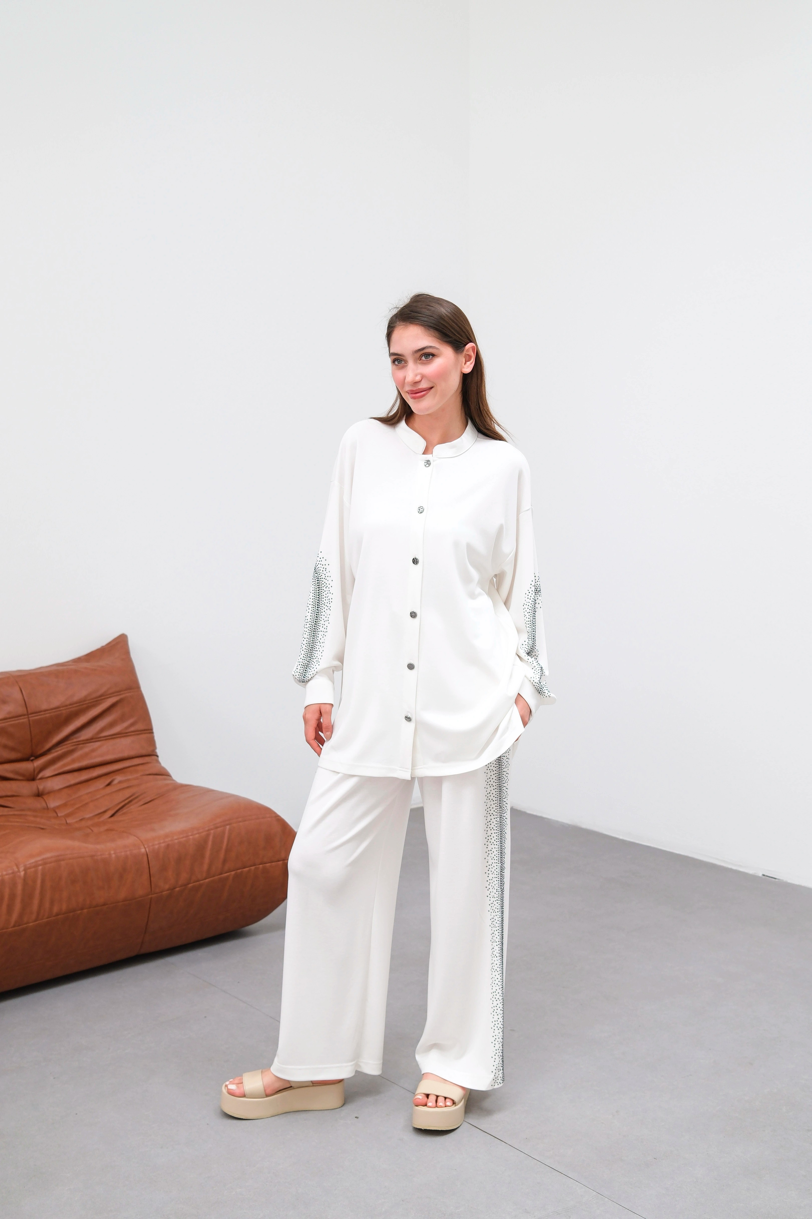 Wholesale Knitted Cupra Fabric Stone Embellished Two Piece Suit - 10657 Product Information - Ecru