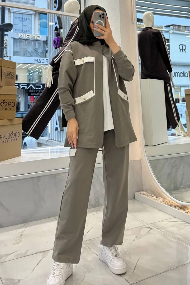 Toptan İki İplik Kumaş Cep Detaylı Fermuarlı İkili Takım