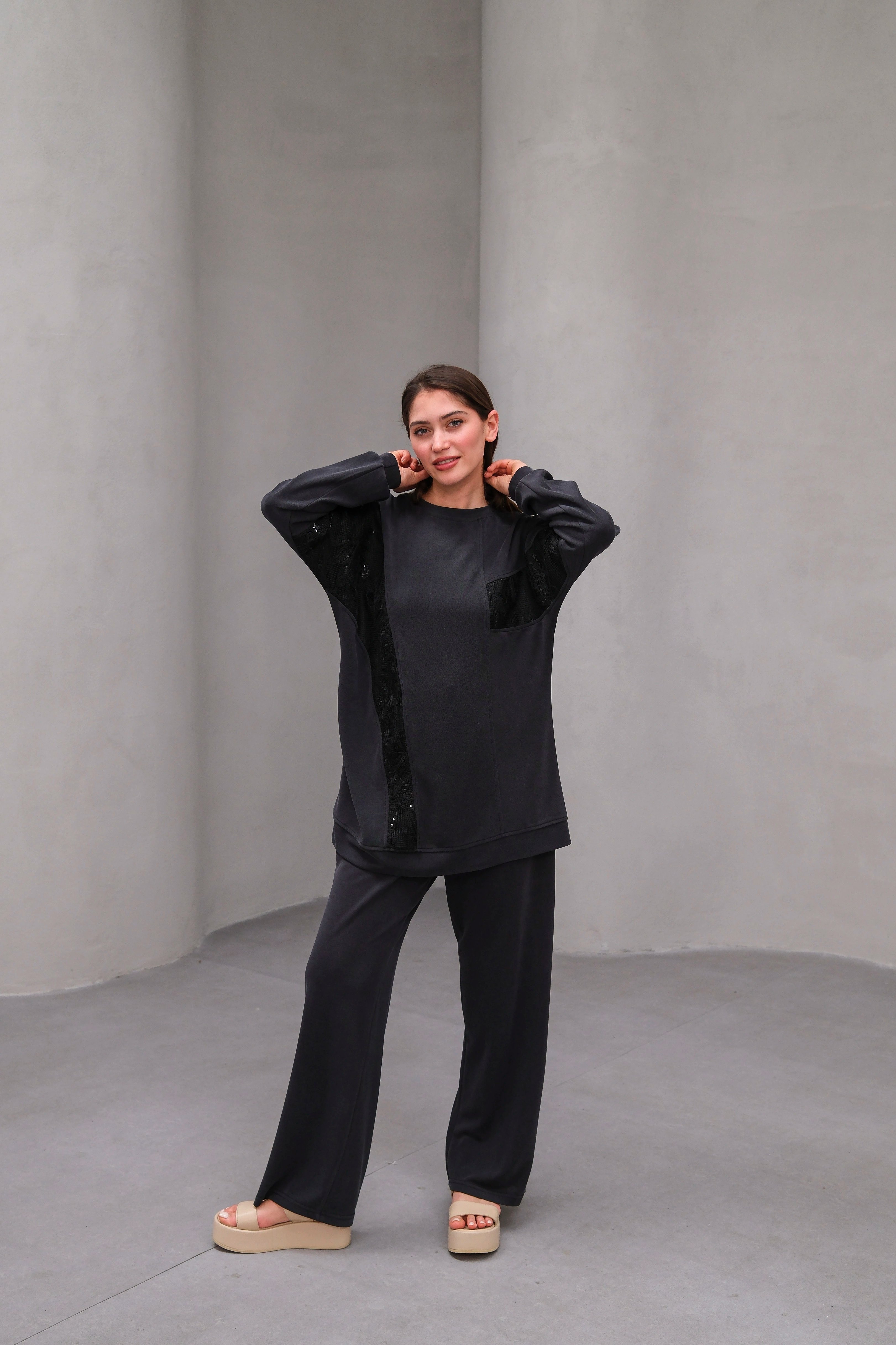 Wholesale Ecem Fabric Patterned Net Fabric Detailed Two Piece Suit - 10655 Product Information - Black