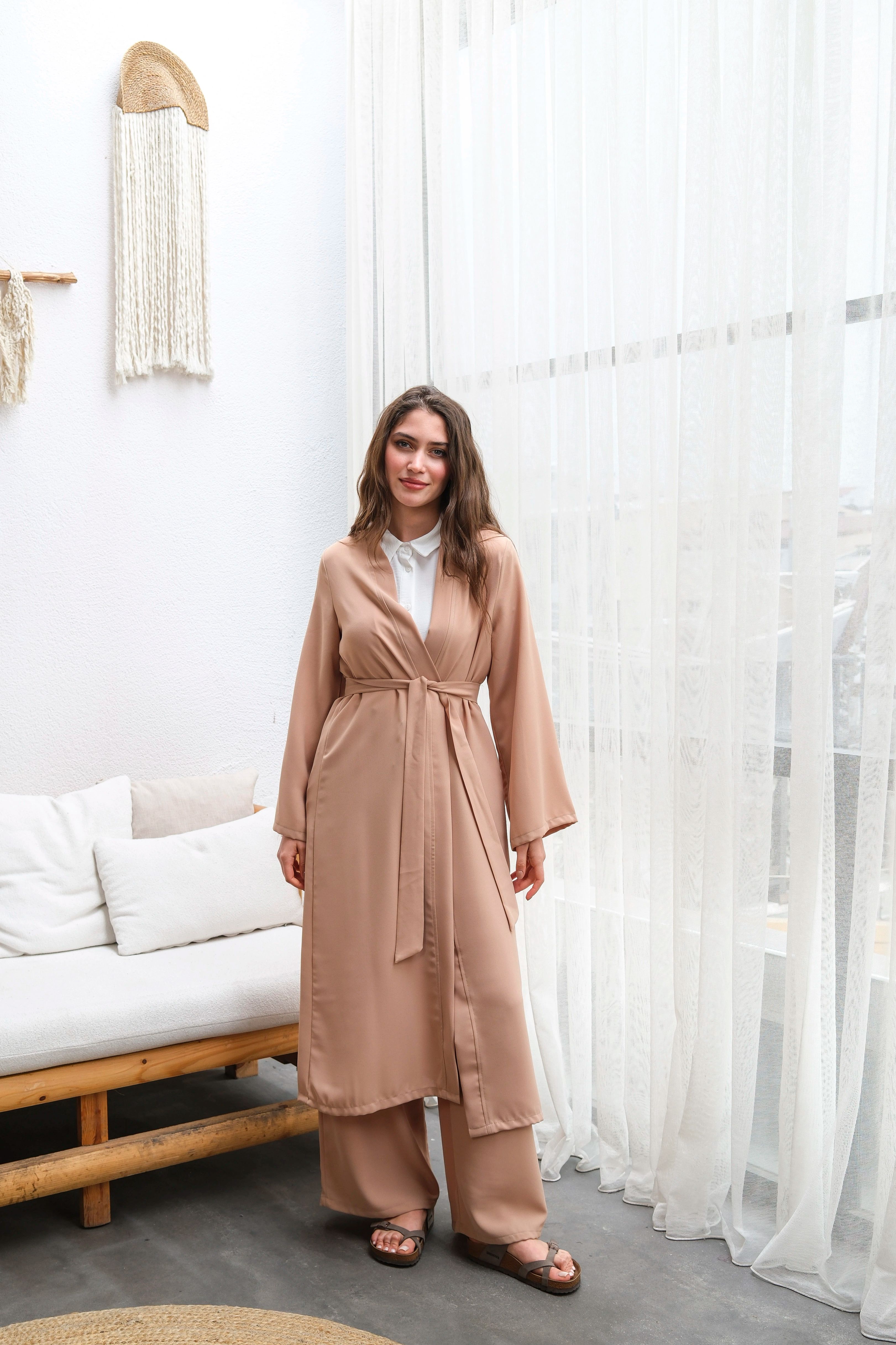 Wholesale Thin Crepe Fabric Belted Two Piece Suit - 10634 Product Information - Milk Coffee