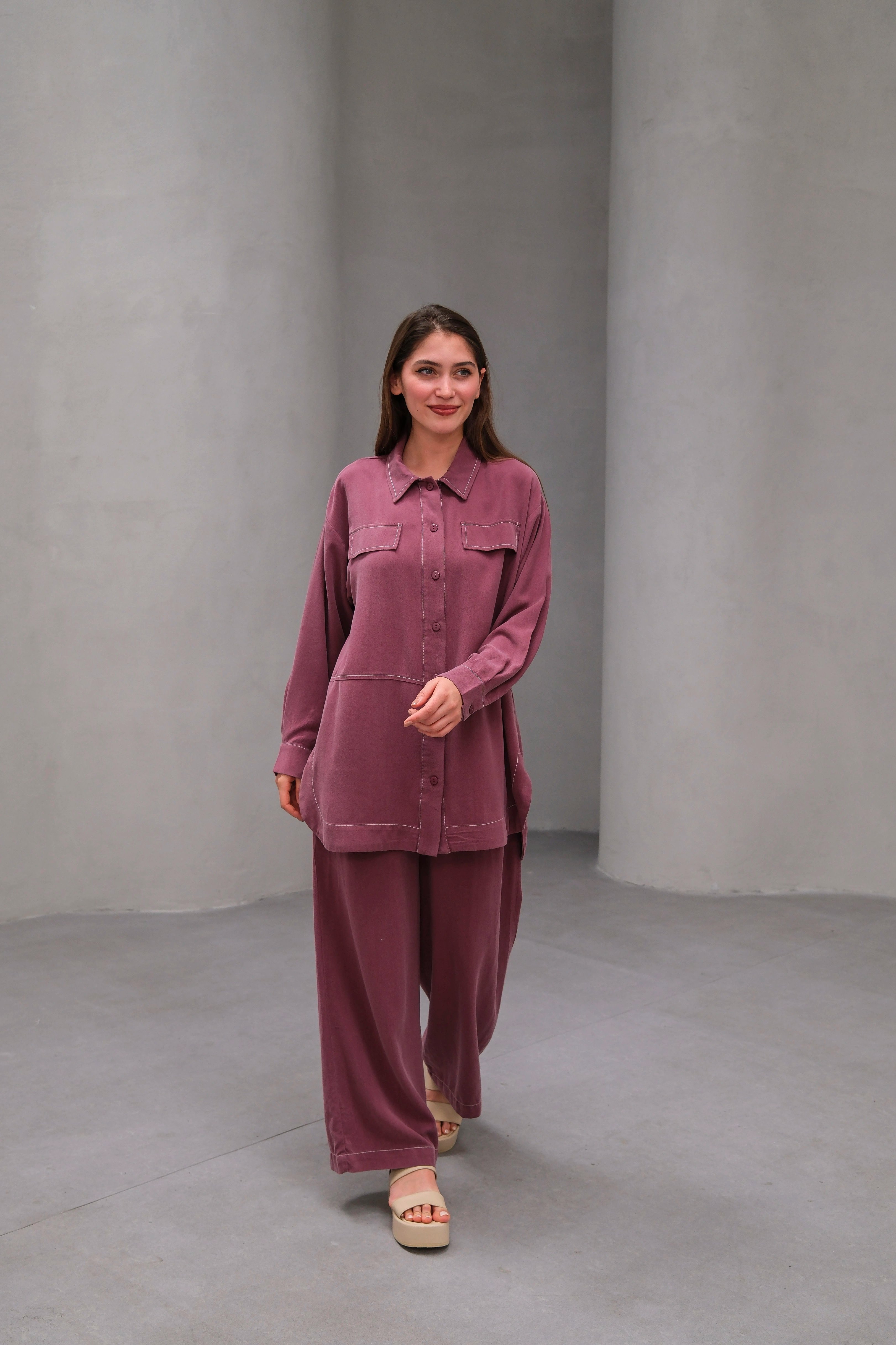 Wholesale Tencel Fabric Buttoned Flap Pocket Two Piece Suit - 10644 Product Information - Dusty Rose