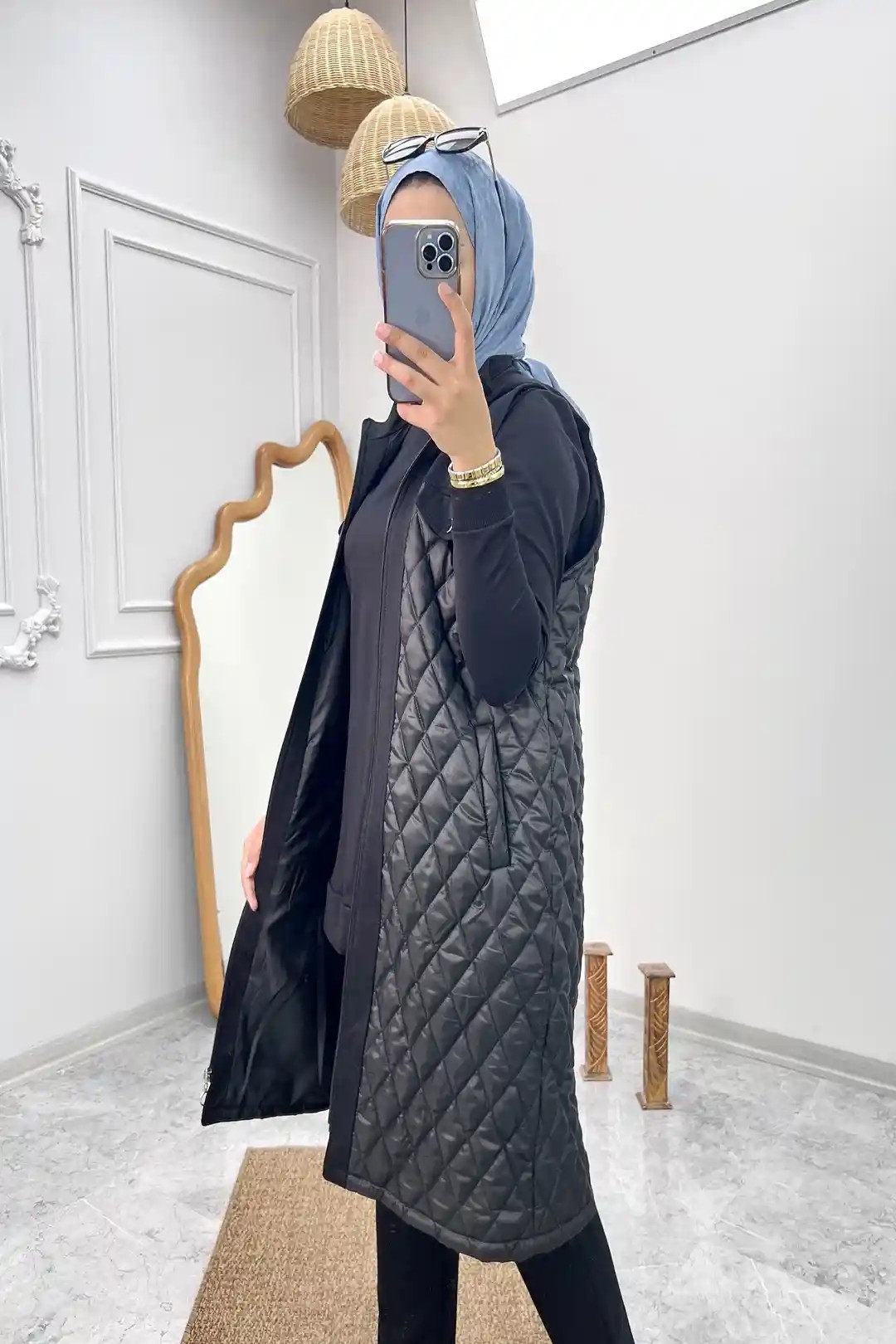 Toptan İki İplik Kapitone Kumaş Önü Fermuarlı Kapüşonlu Üçlü Takım - SİYAH
