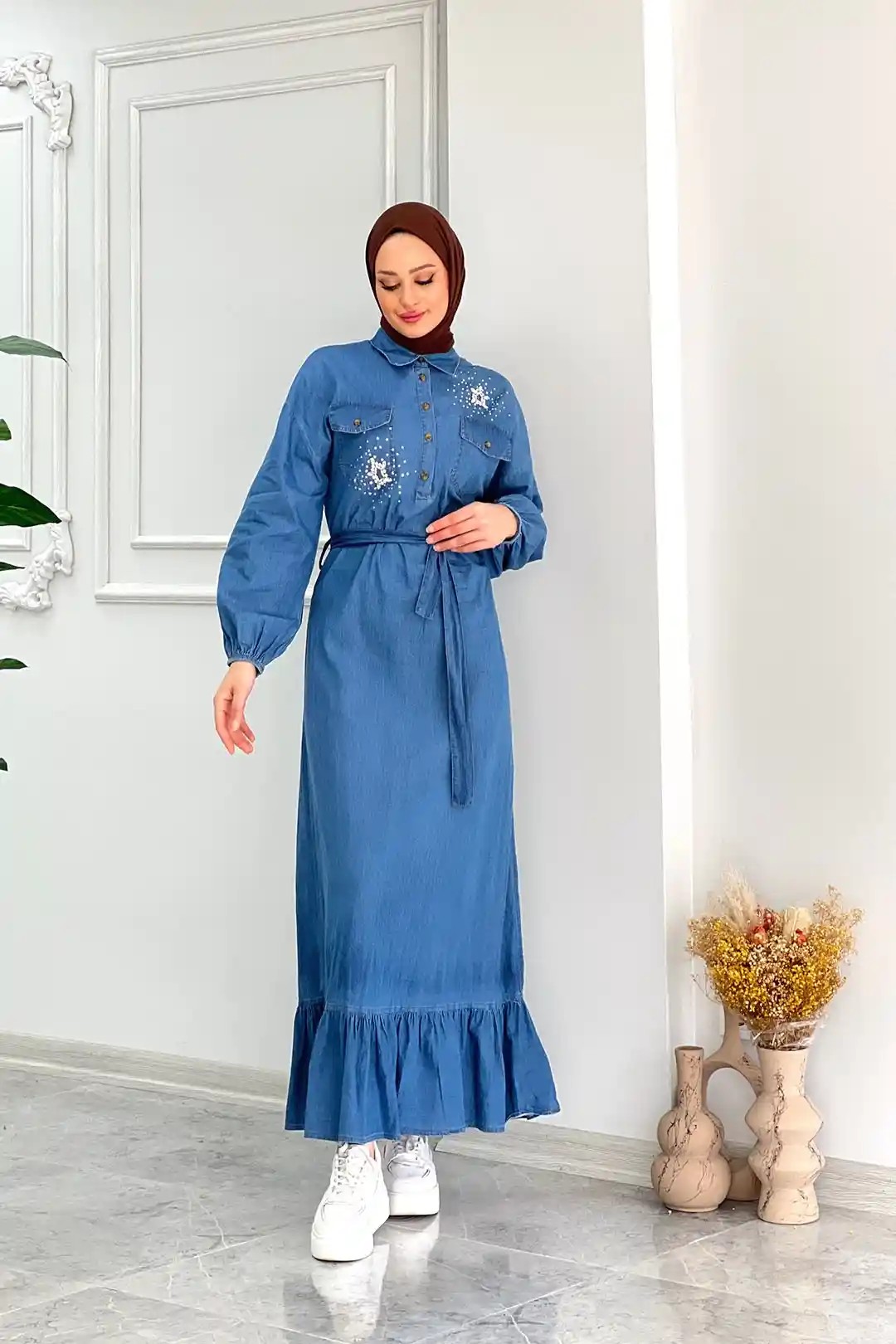 Wholesale Denim Fabric Drawstring Waist Stone Detailed Dress - Light Blue Denim