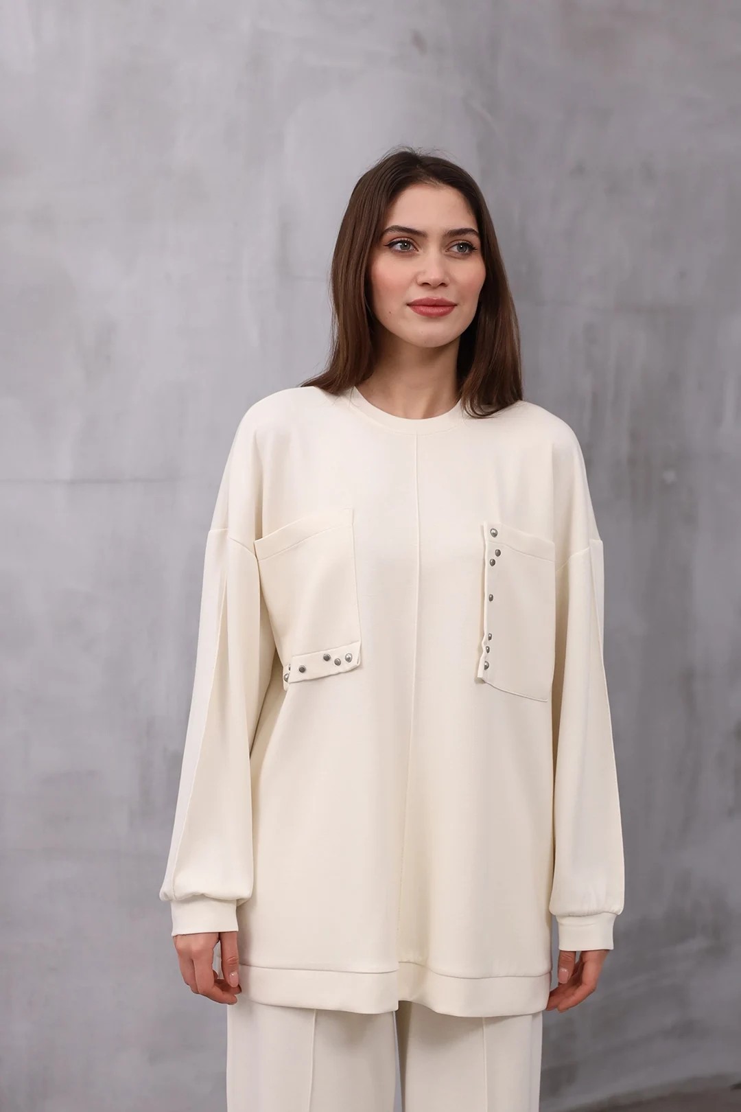 Wholesale Oysho Fabric Pocket Detailed Two Piece Suit - 10543 - Ecru