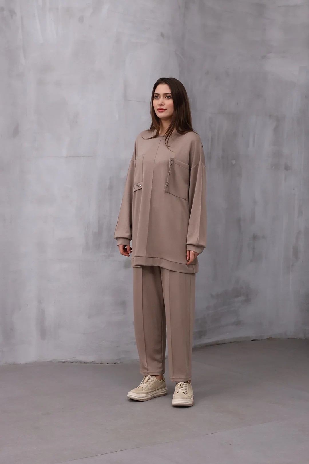 Оптовая продажа Oysho Fabric Pocket Detailed Two Piece Suit - 10543 - Визон