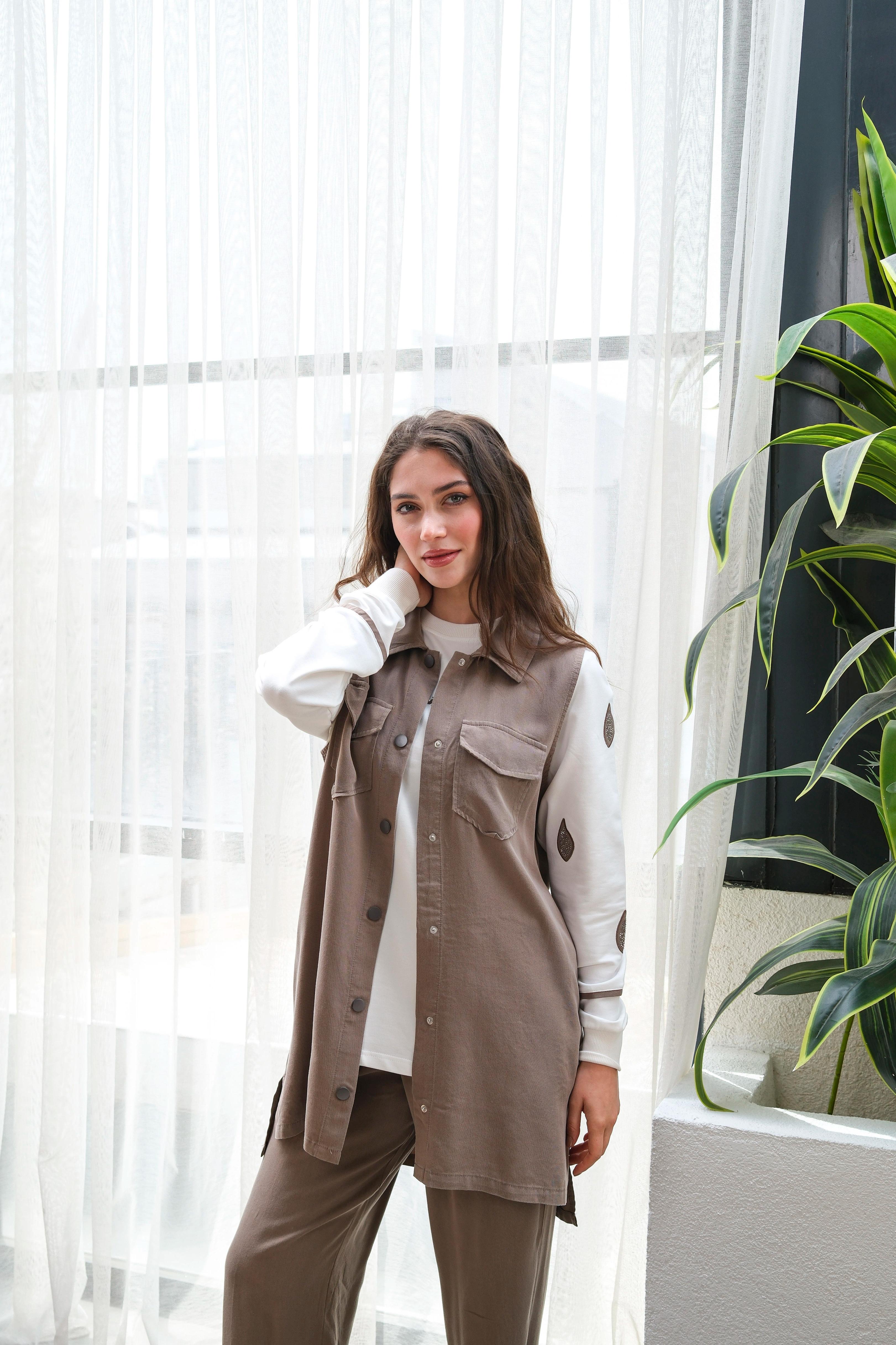Оптовая продажа туника из ткани Tencel, вышитый камнем жилет, костюм-тройка - 10643 Информация о продукте - Визон