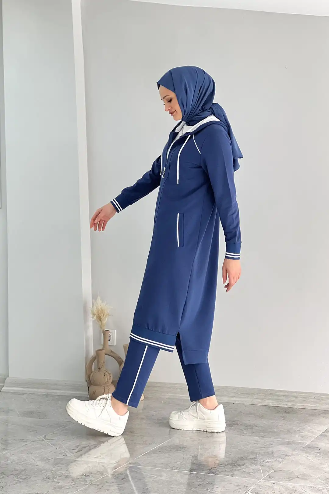 Wholesale Two-Thread Fabric Full Zippered Hooded Plus Size Two-Piece Suit - Blue
