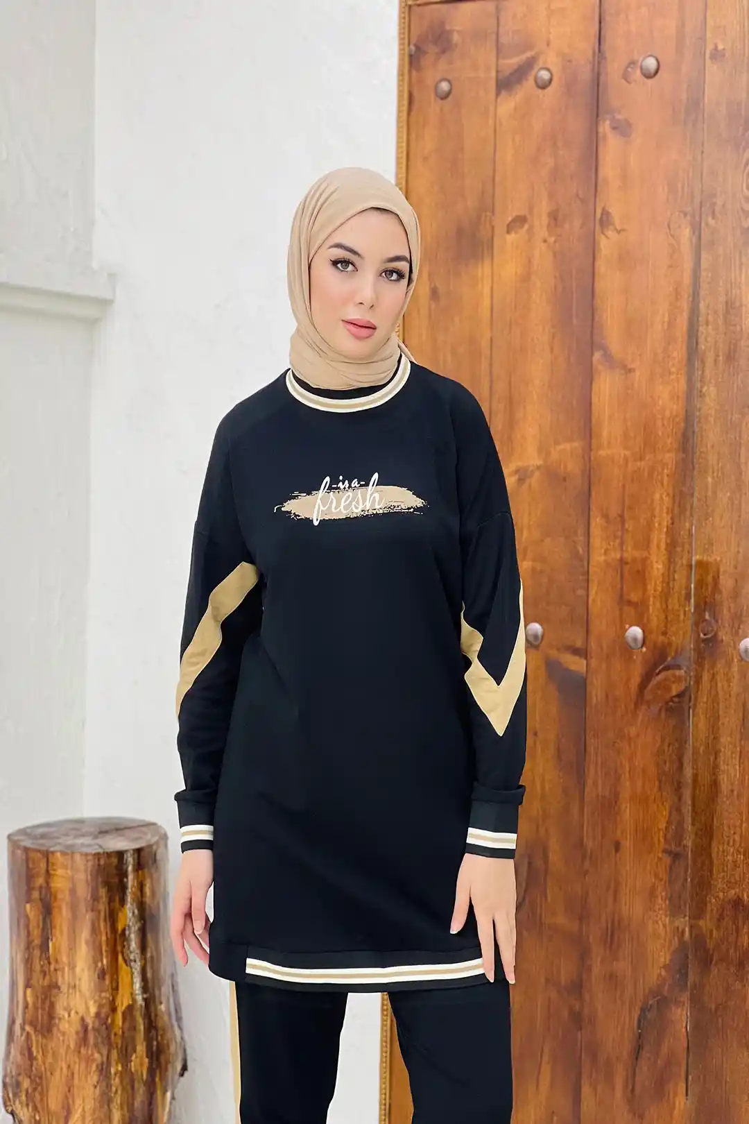 Toptan İki İplik Kumaş Yazı Desenli Ribana Detaylı İkili Takım - SİYAH