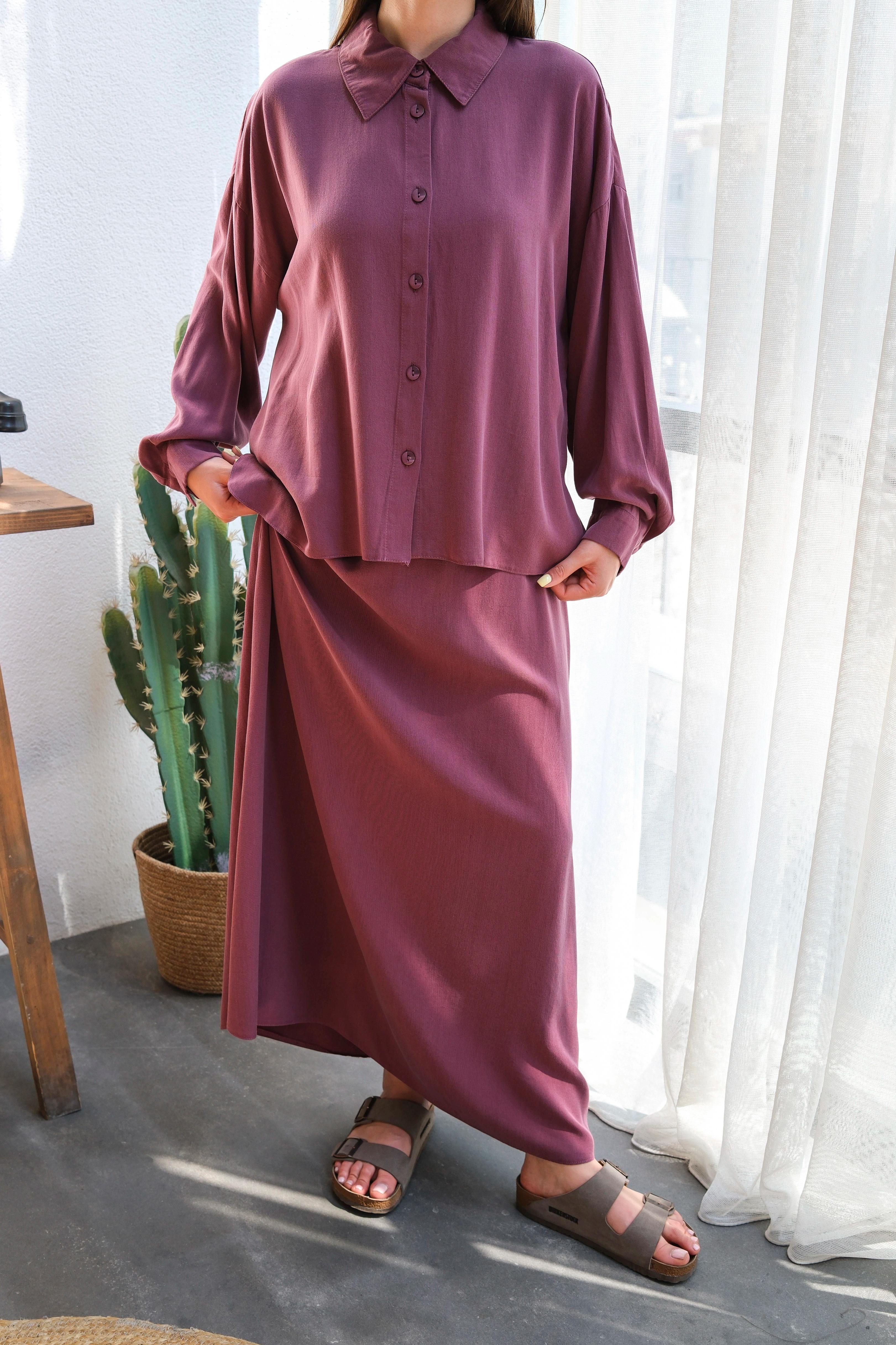 Wholesale Tencel Fabric Buttoned Double Skirt Set - 8219 Product Information - Burgundy