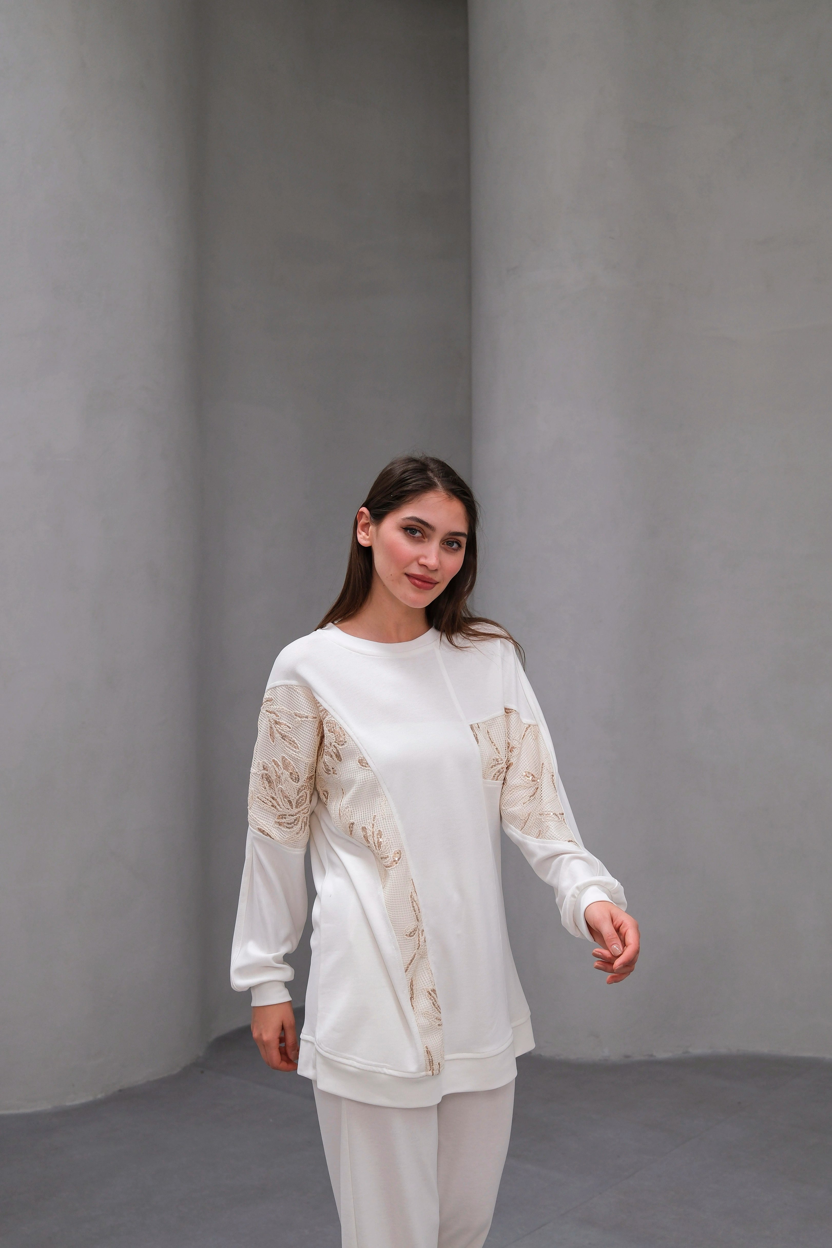Wholesale Ecem Fabric Patterned Net Fabric Detailed Two Piece Suit - 10655 Product Information - White