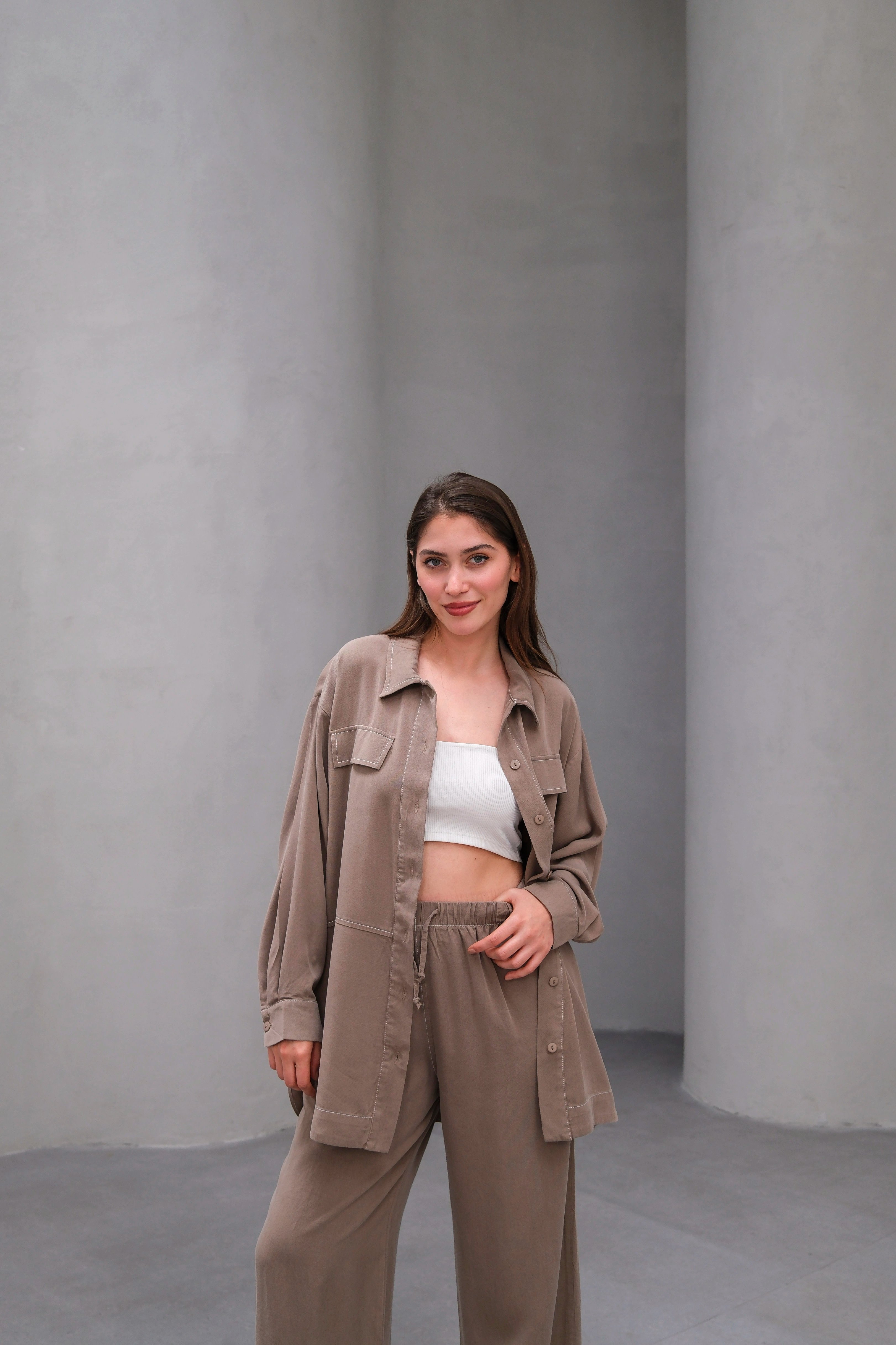 Wholesale Tencel Fabric Buttoned Flap Pocket Two Piece Suit - 10644 Product Information - Mink
