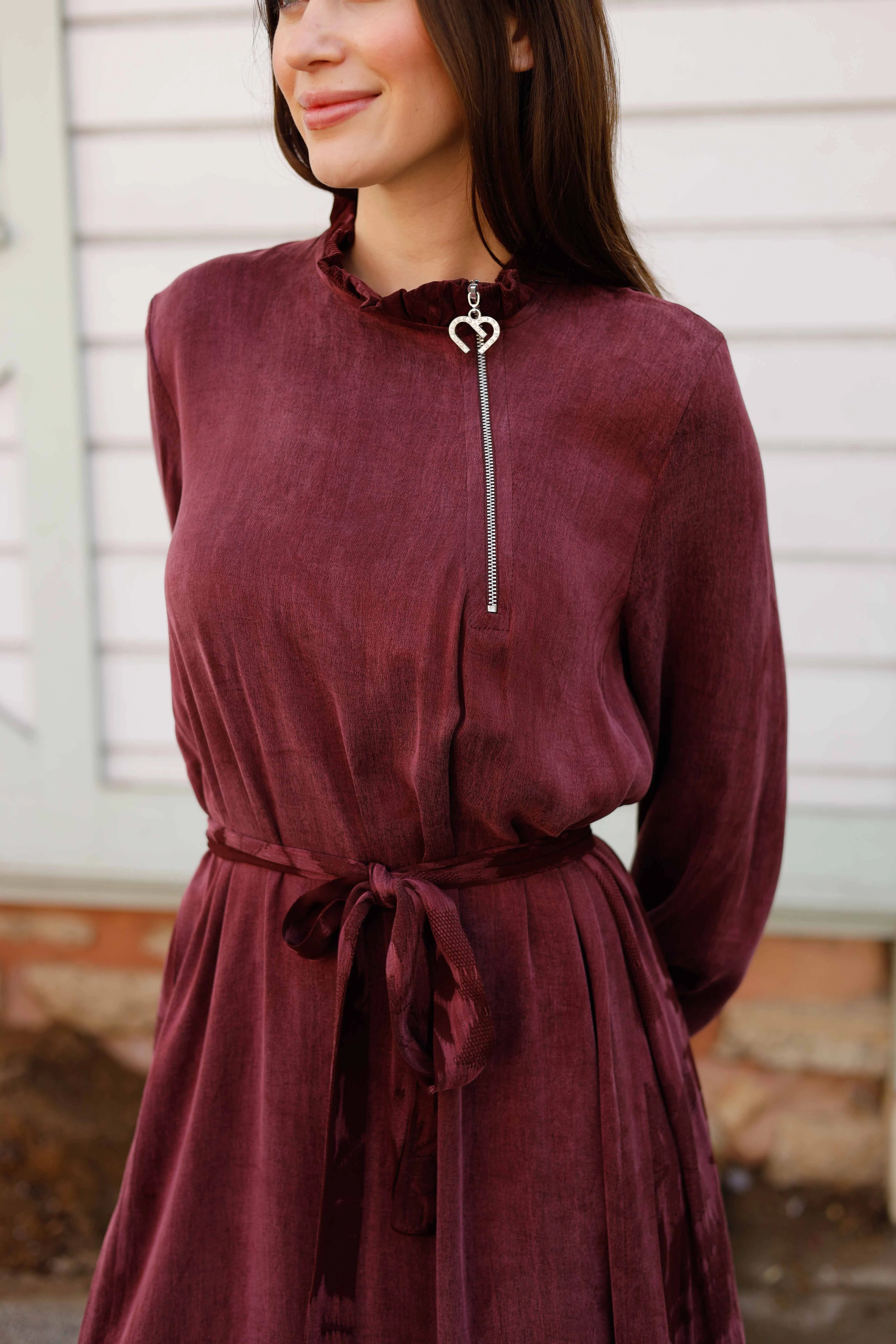 Wholesale Cupra Fabric Leaf Patterned Dress - 3716 - Burgundy