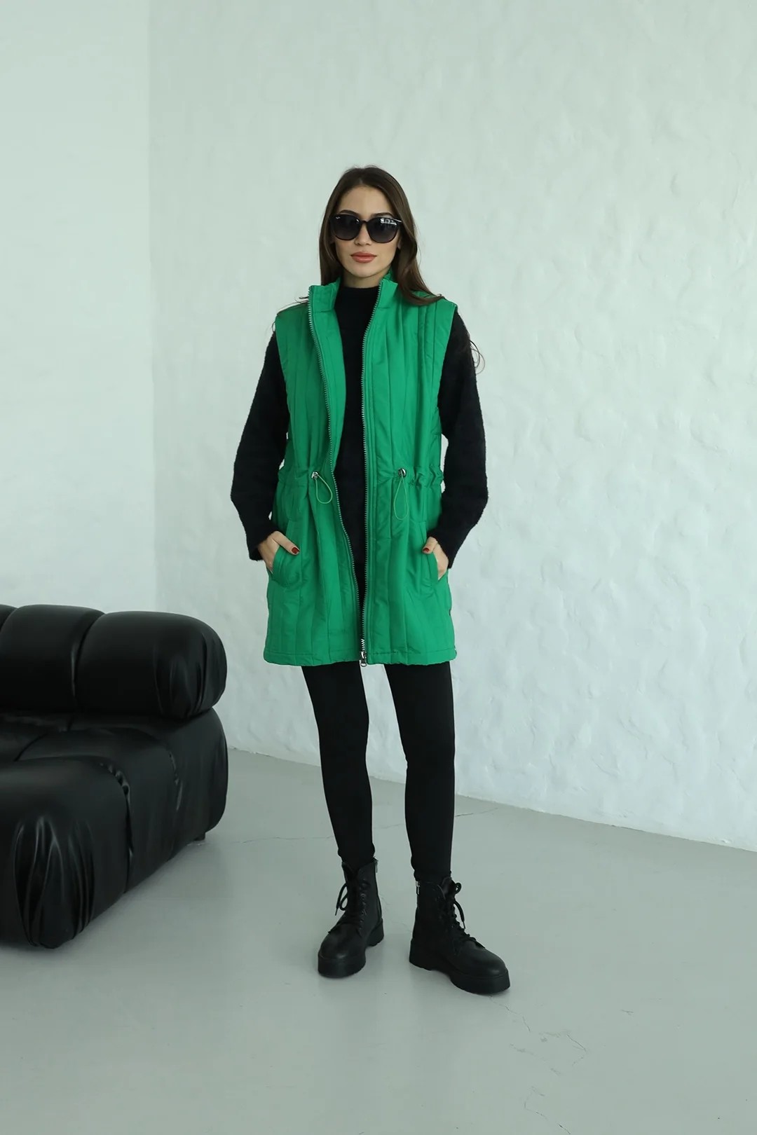 Kapitone Kumaş Premium Beli Büzgülü Uzun Yelek 4110 - B.YEŞİL