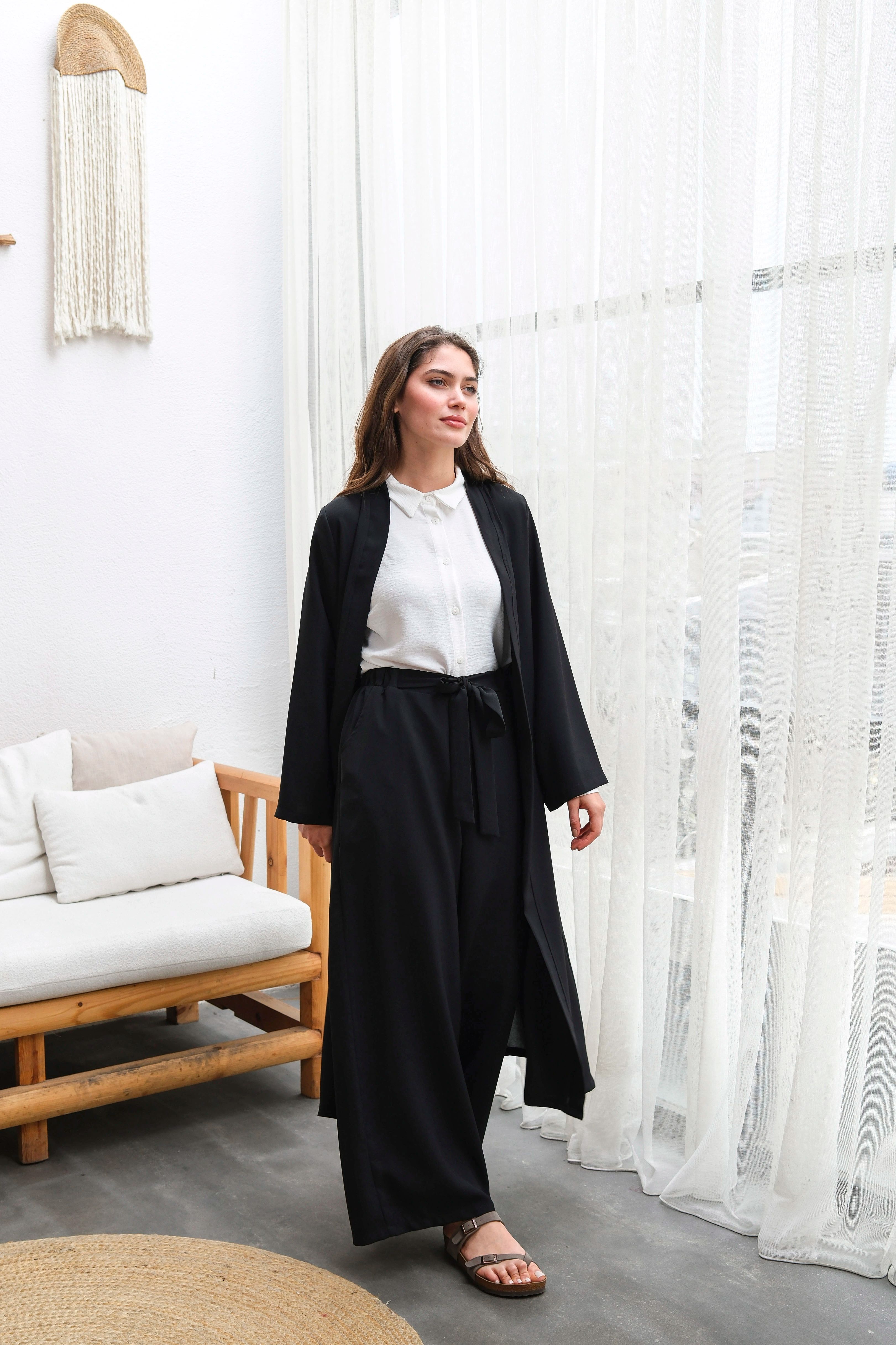 Wholesale Thin Crepe Fabric Belted Double Size Double Suit - b10634 Product Information - Black