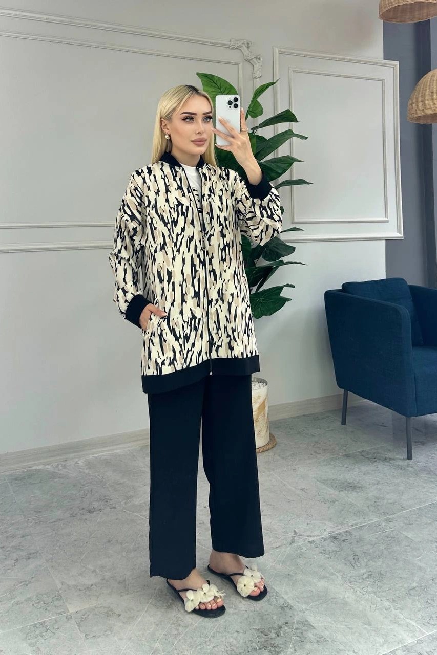 Toptan Linda Kumaş Desenli Fermuarlı Üçlü Takım