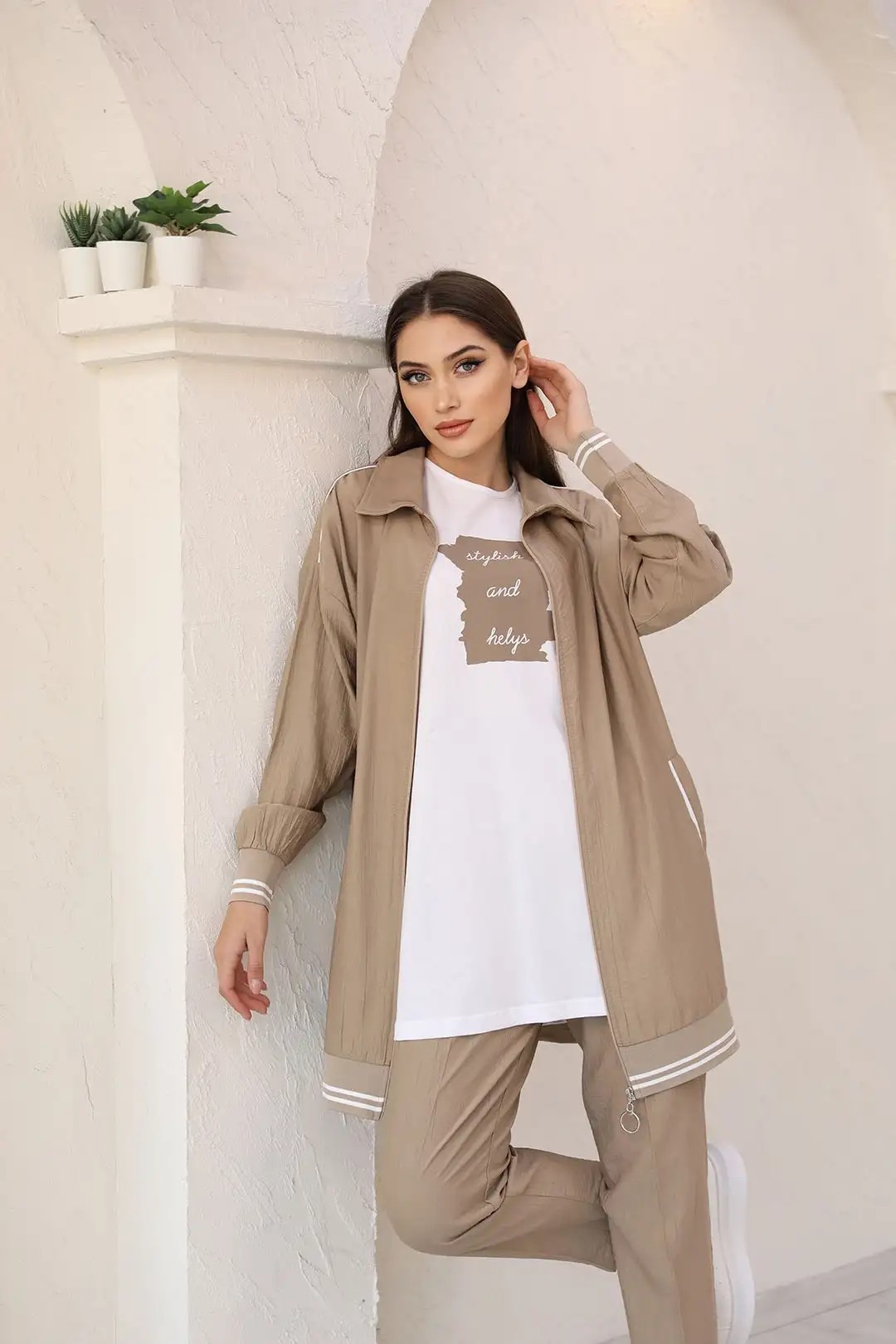 Toptan Alice Kumaş Kolları ve Eteği Lastikli Üçlü Takım - VİZON