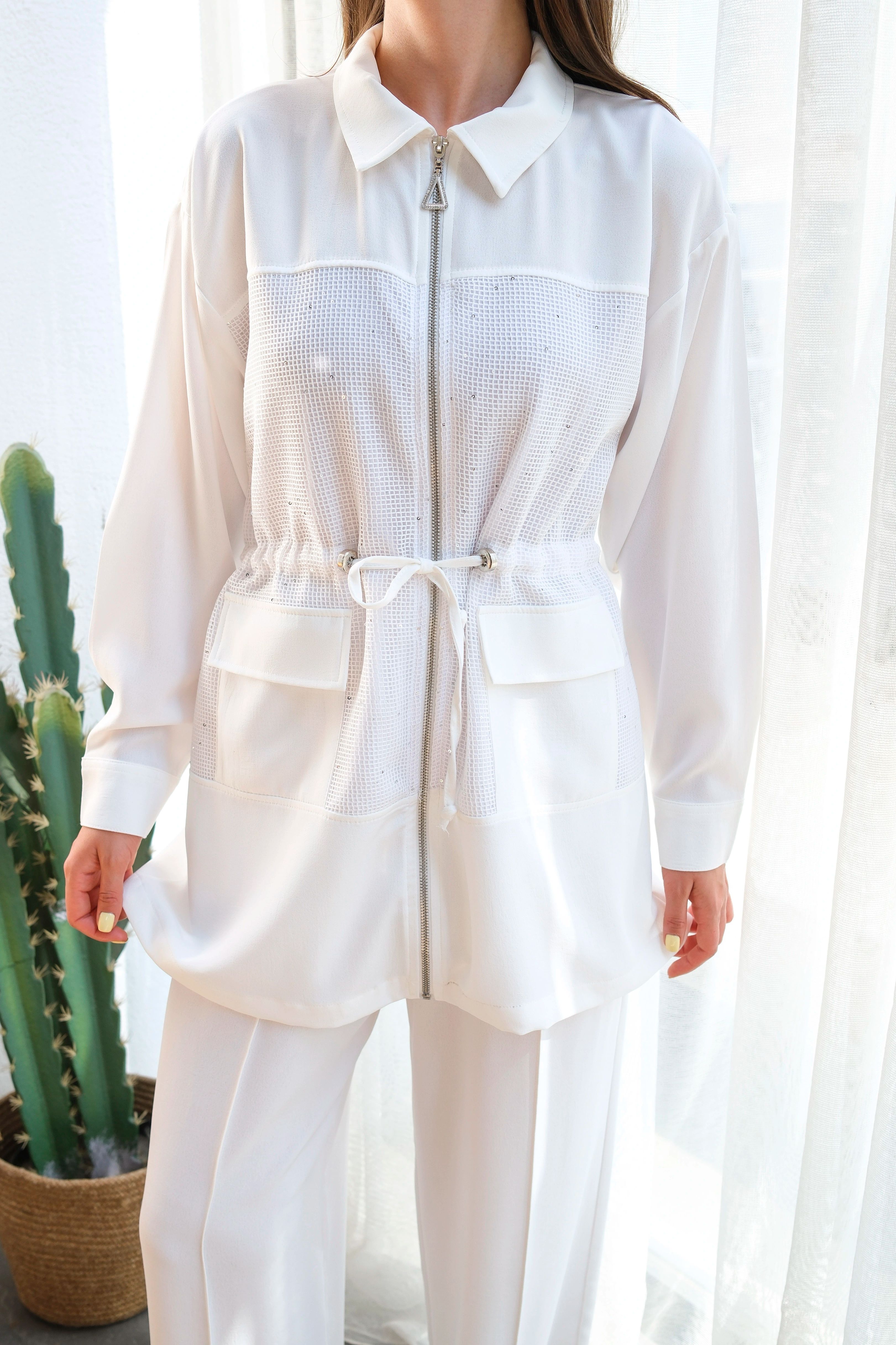 Wholesale Linda Fabric Sequin Detail Waist Tunnel Two Piece Suit - 10677 Product Information - Ecru