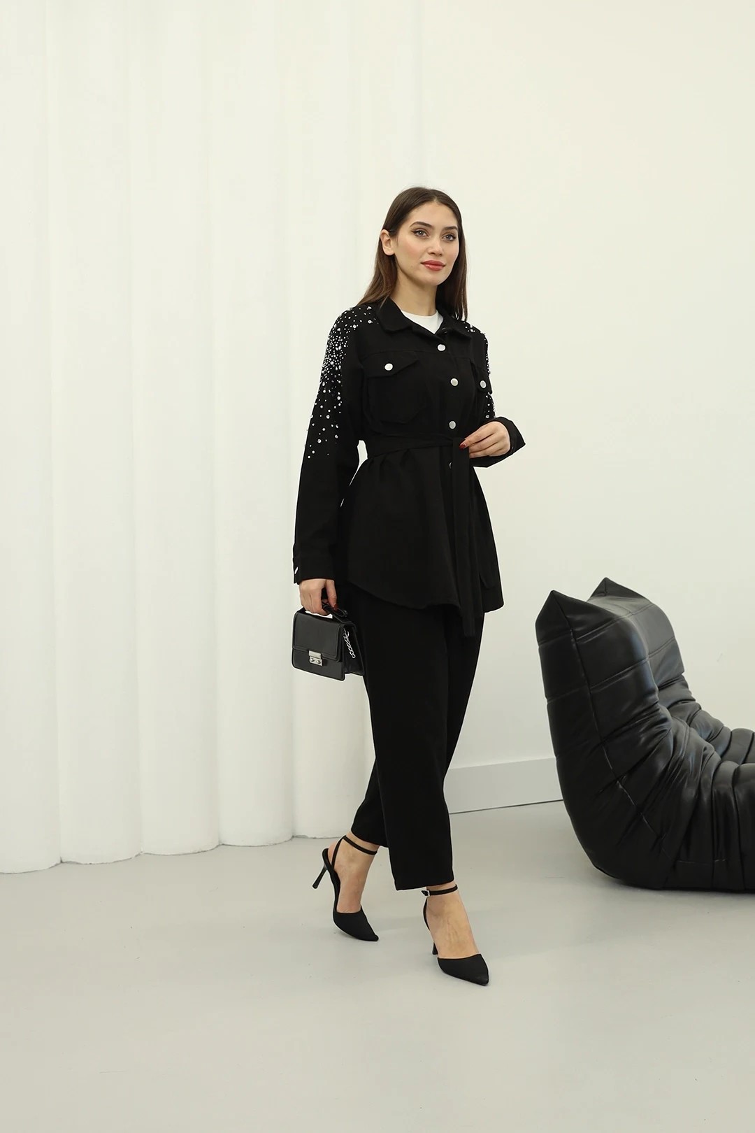 Wholesale Denim Fabric Shoulder Stoned Two Piece Suit - 10575 - Black