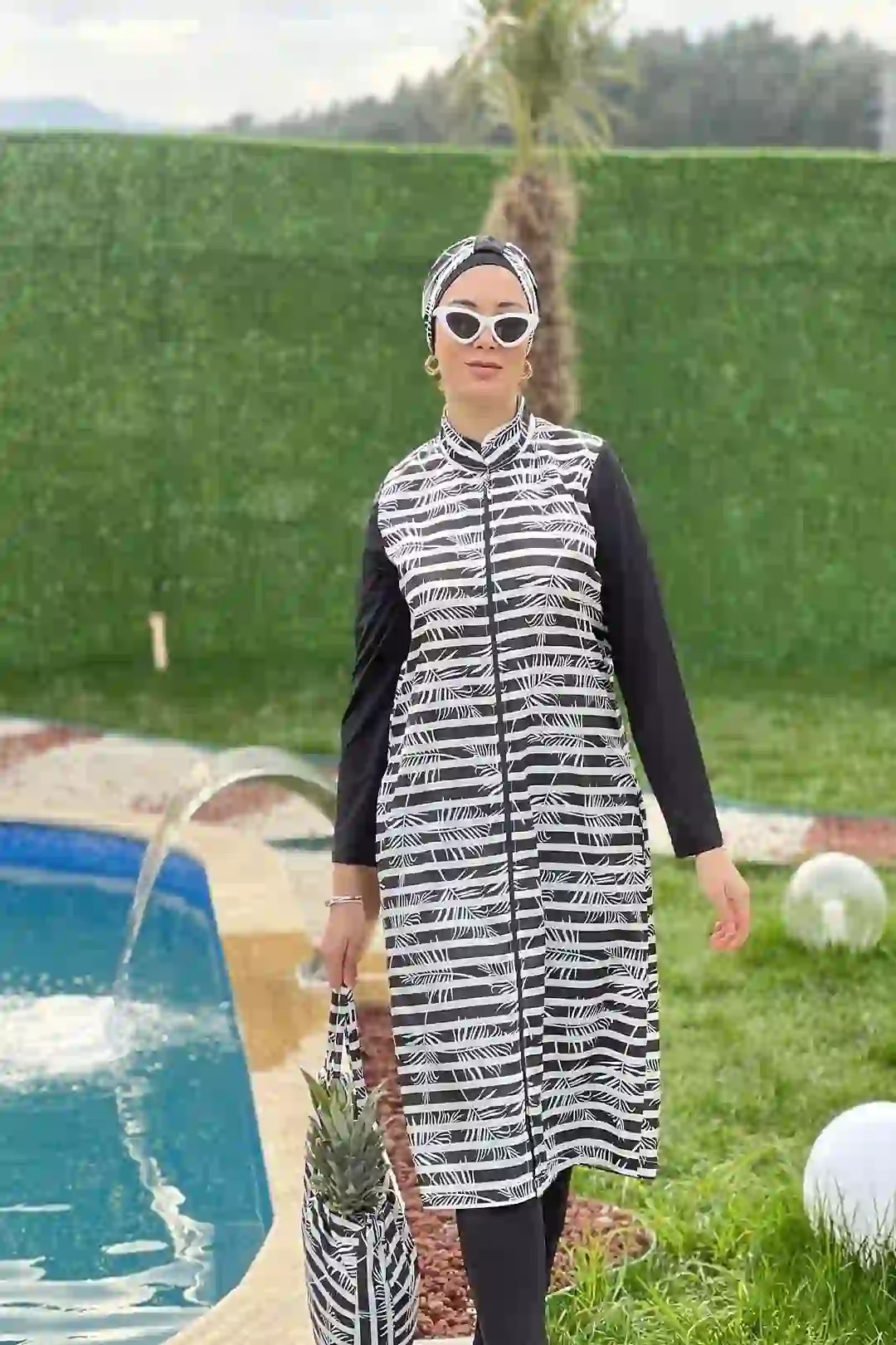 Toptan Polyester Dokuma Palmiye Desenli Boydan Fermuarlı Dörtlü Tesettür Mayo - SİYAH