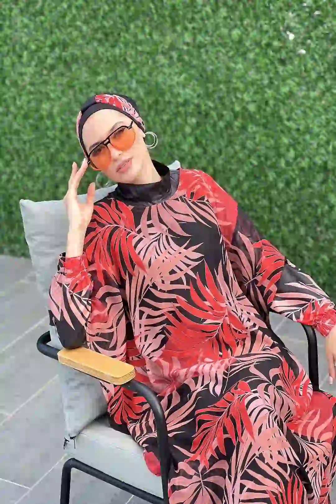 Toptan Polyester Dokuma Palmiye Desenli Dörtlü Tesettür Mayo - SİYAH