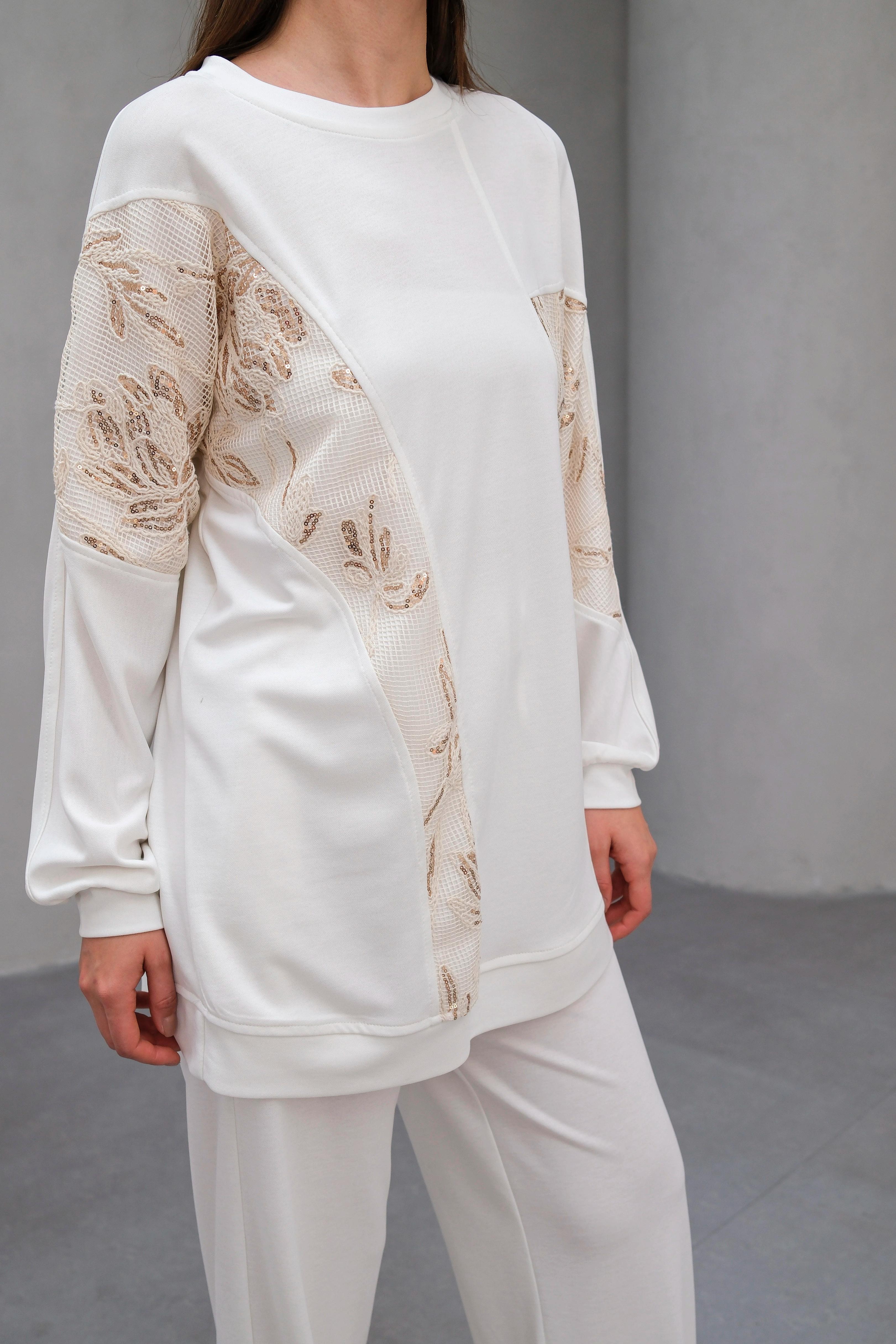 Wholesale Ecem Fabric Patterned Net Fabric Detailed Two Piece Suit - 10655 Product Information - White