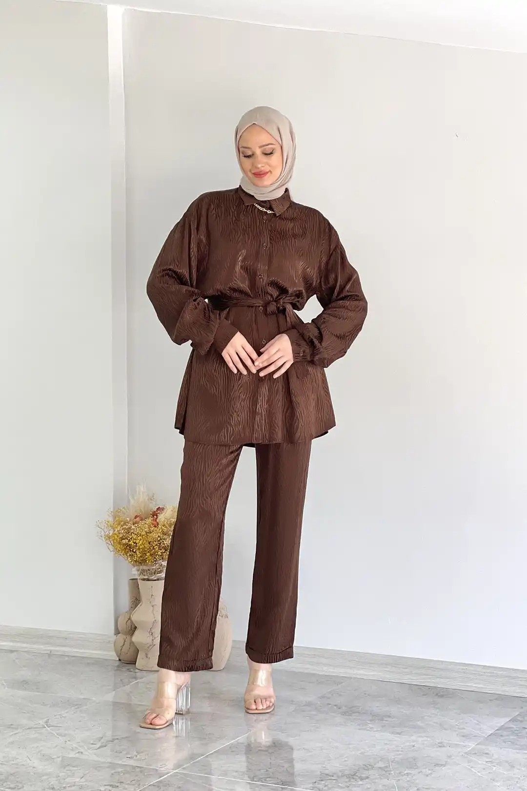 Double Paça ve Seyyar Kemer Detaylı Jakar Kumaş İkili Takım 10413