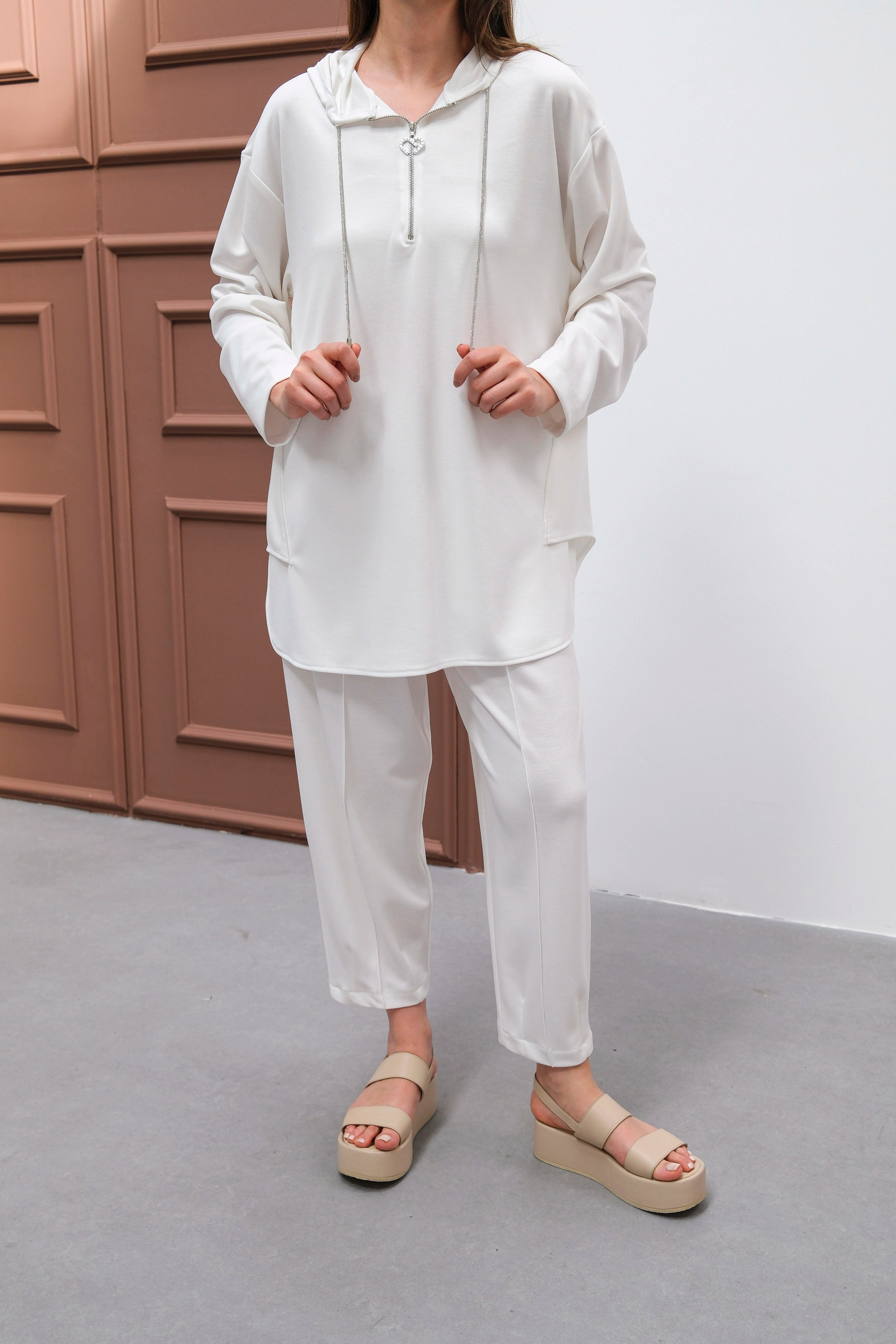 Wholesale Ecem Fabric Half Zipper Hooded Two Piece Suit - 10663 Product Information - Ecru