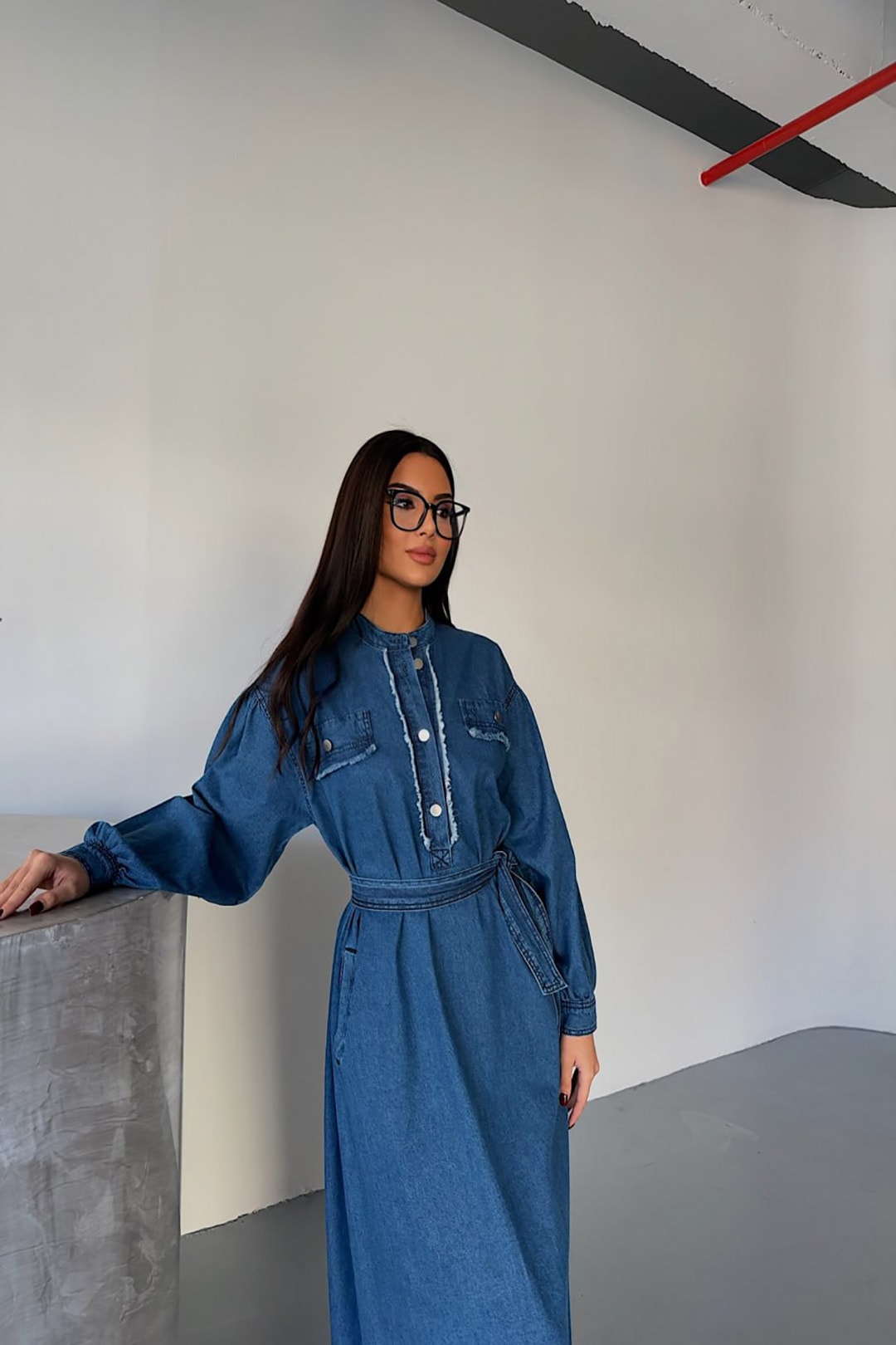 Wholesale Denim Fabric Button Waist Belted Dress - 3731 - Denim