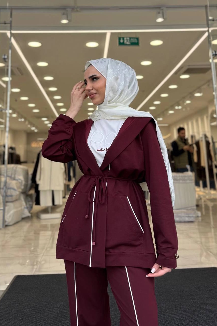 Toptan İki İplik Kumaş Şerit Detaylı Üçlü Takım