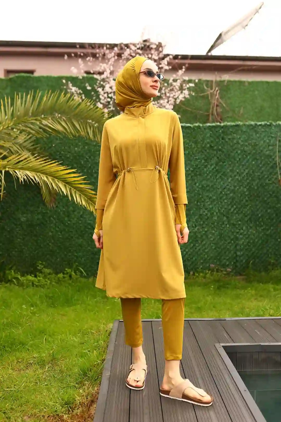 Toptan Polyester Elastan Kumaş Beli Büzgülü Cepleri Fileli Üçlü Tesettür Mayo