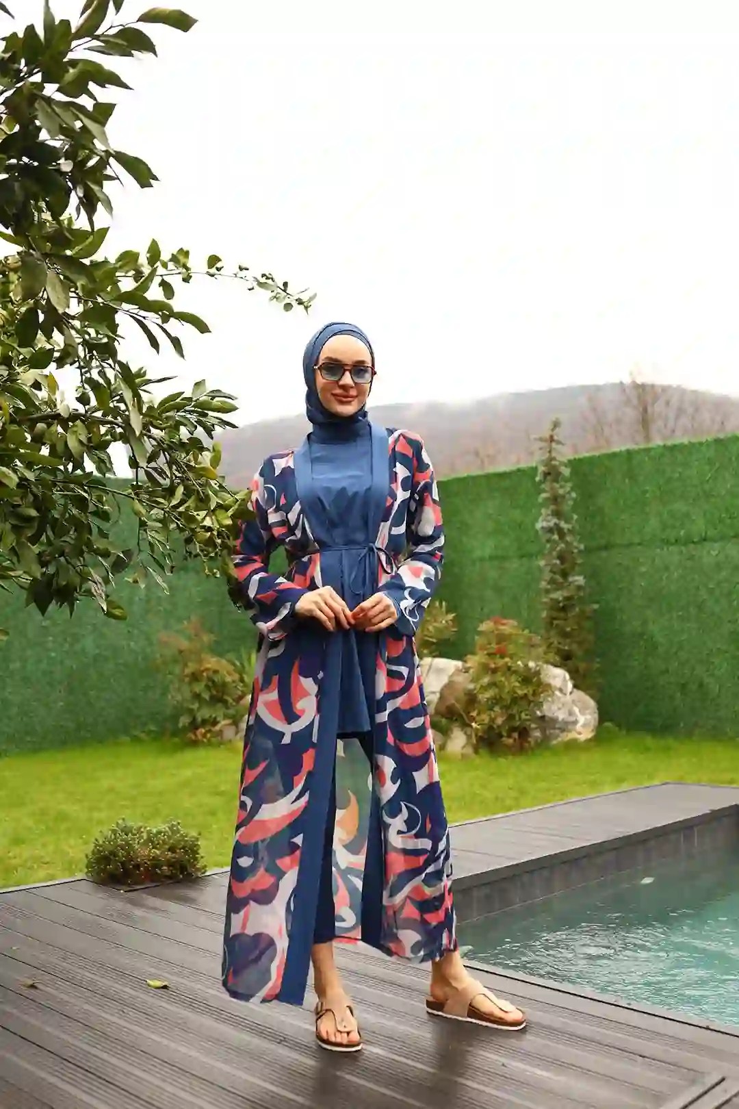 Toptan Polyester Elastan Desenli Beli İpli Dörtlü Tesettür Mayo - LACİVERT
