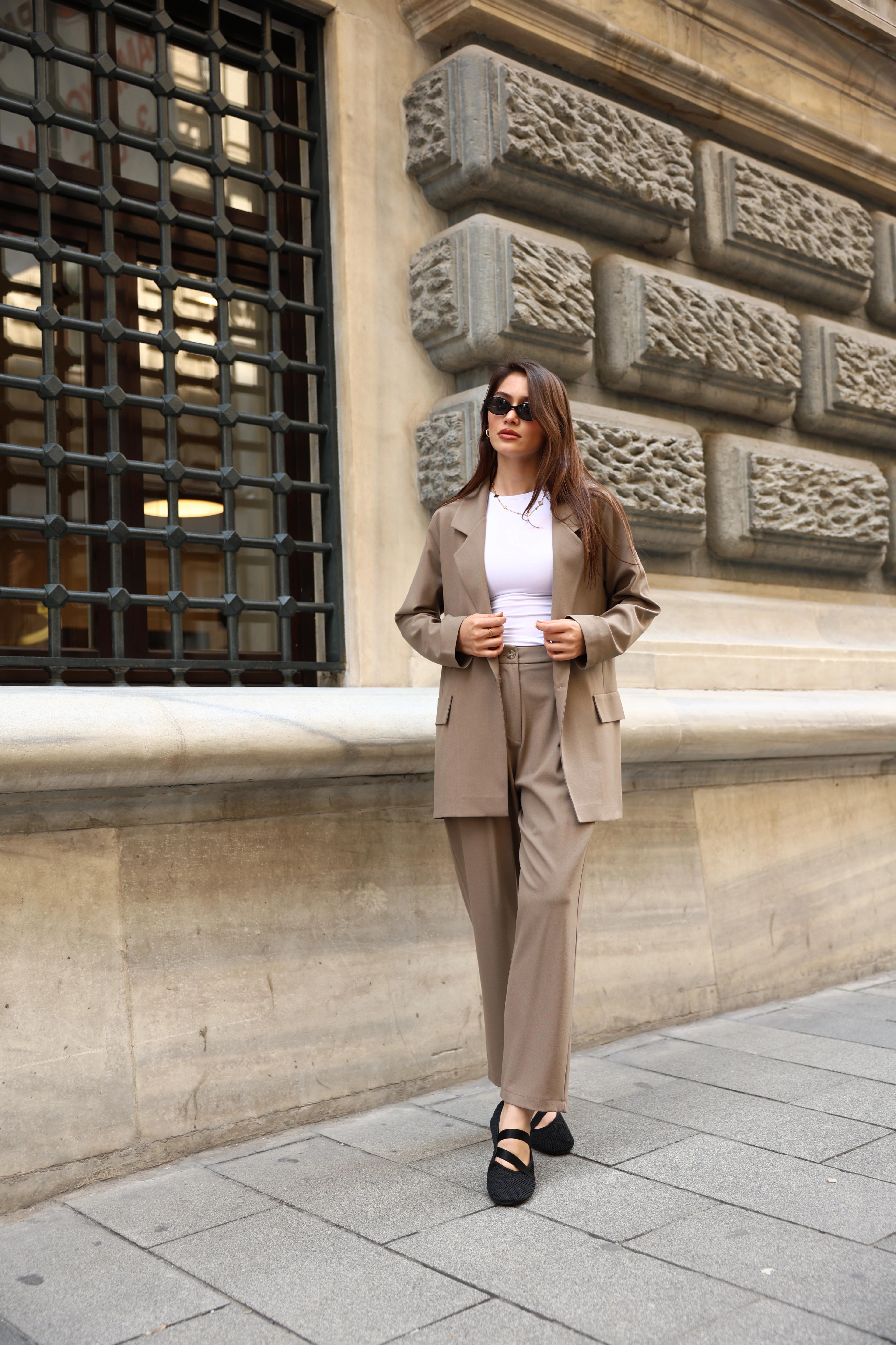Toptan İthal Keten Kumaş Blazer Ceketli İkili Takım - KAHVE